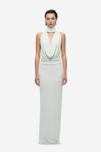 Light mint sleeveless cowl-neck jersey maxi dress with draped front