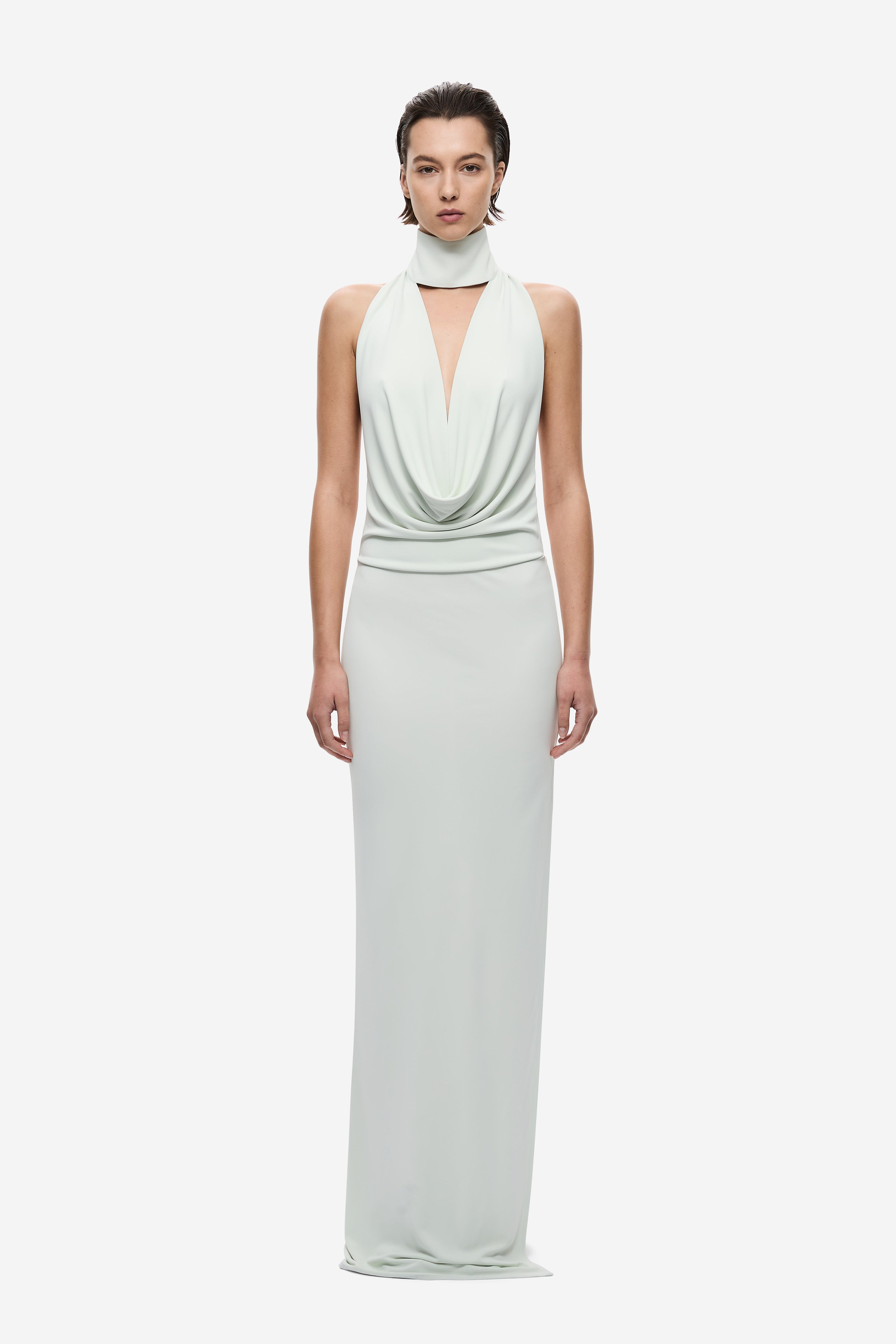 Light mint sleeveless cowl-neck jersey maxi dress with draped front