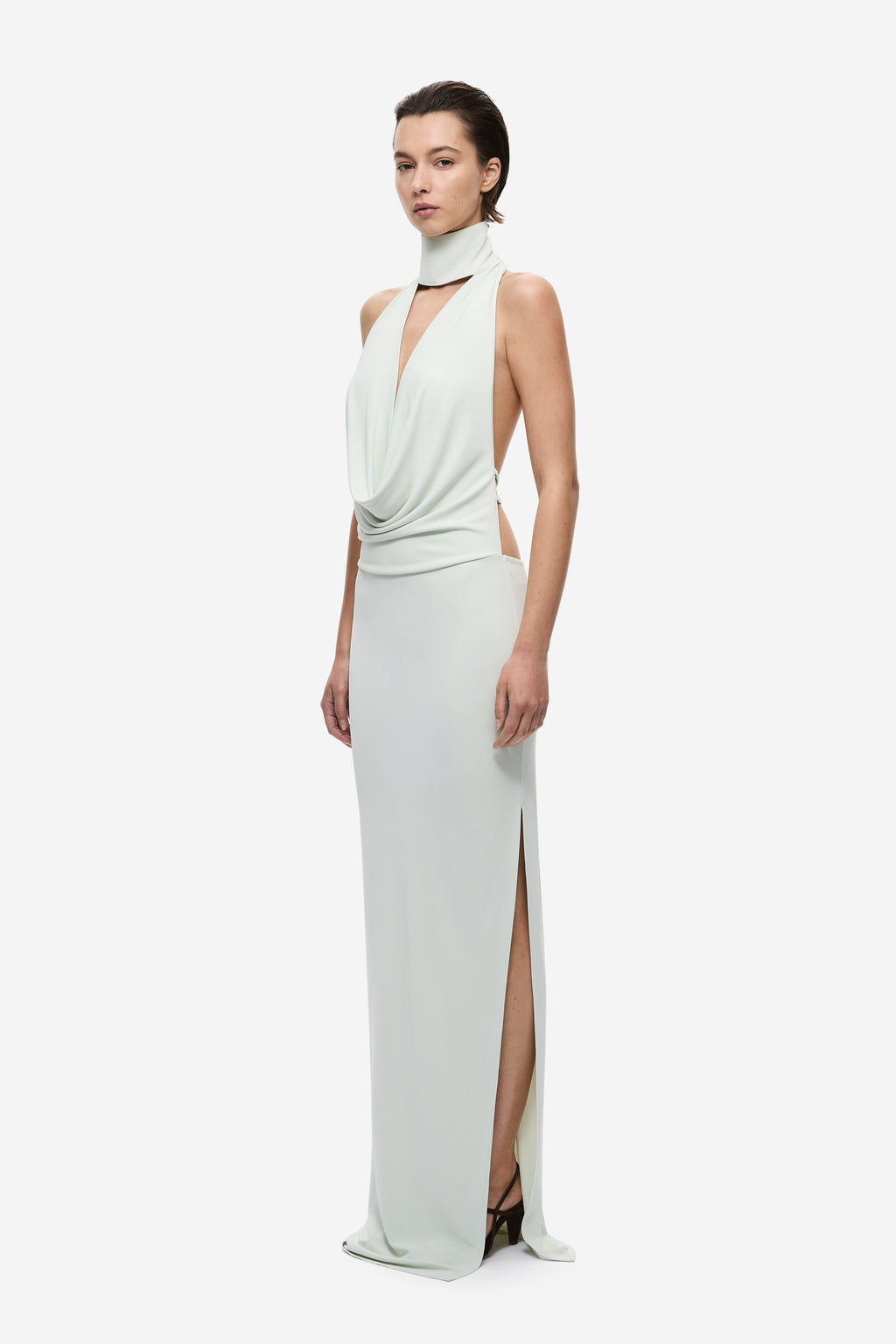 Light mint cowl-neck jersey maxi dress with side slit and sleeveless drape