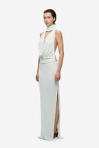 Light mint cowl-neck jersey maxi dress with side slit and sleeveless drape
