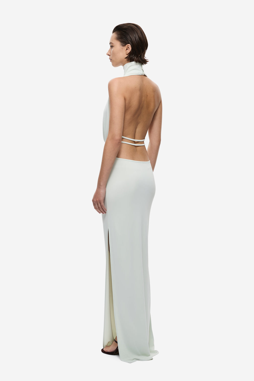 Light mint cowl-neck jersey maxi dress with halter collar and open back