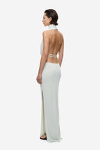 Light mint cowl-neck jersey maxi dress with halter collar and open back