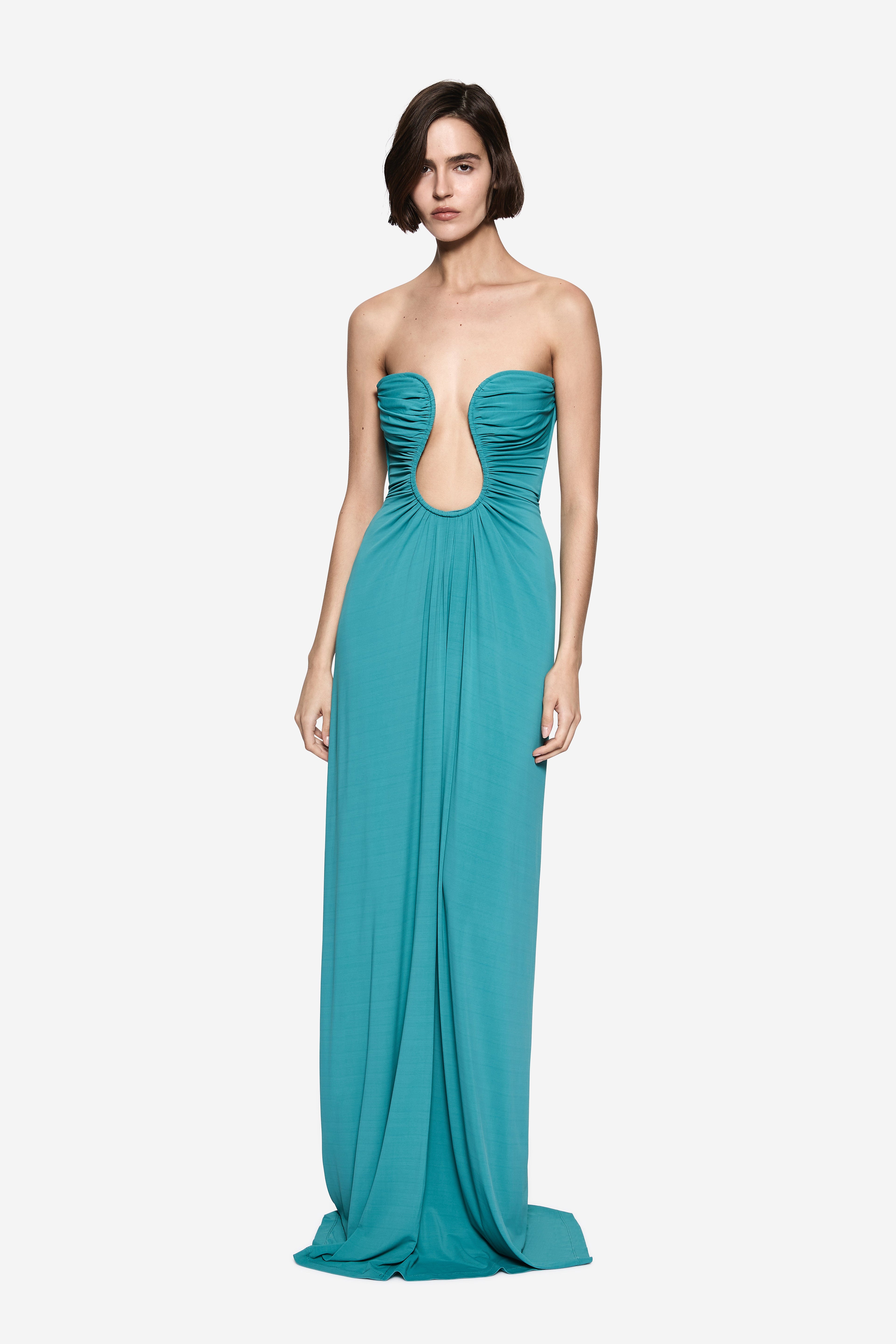 Teal blue strapless jersey maxi dress with ruched bust and keyhole detail