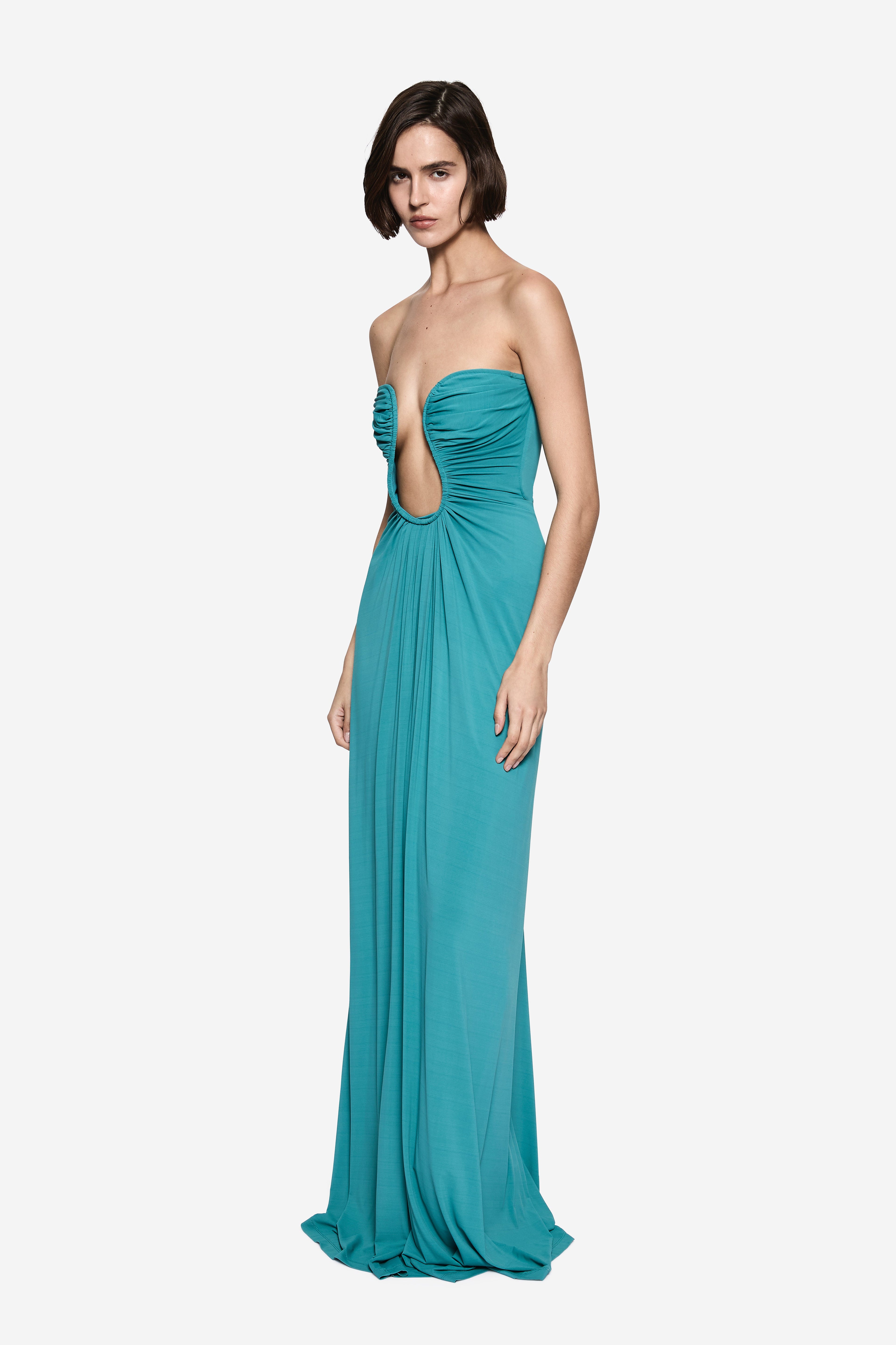 Teal blue strapless jersey maxi dress with ruched bust and long column skirt