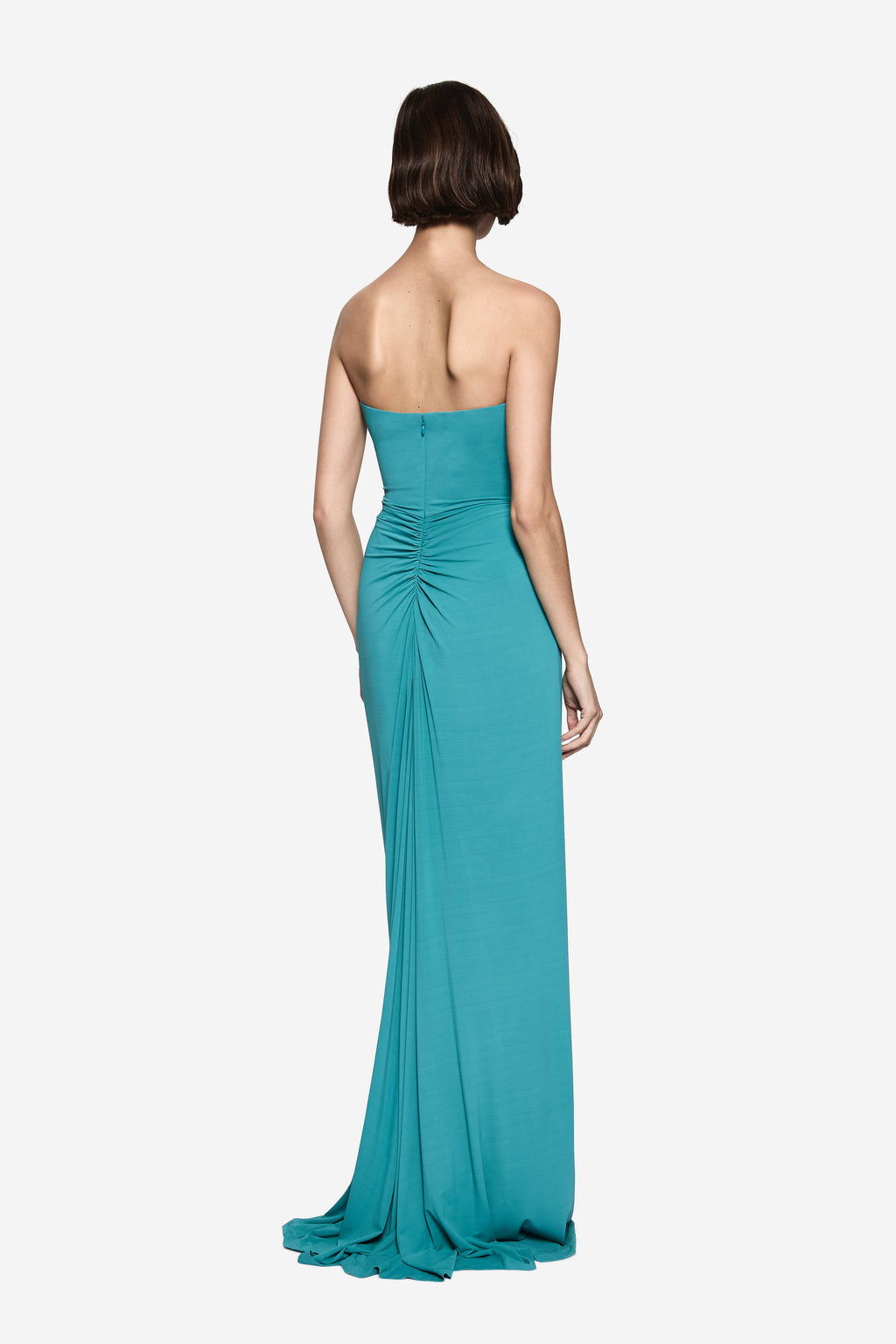 Teal blue strapless jersey maxi dress back view with ruched waist and open back