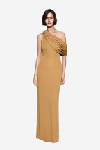 Mustard gold jersey one-shoulder dress with draped cowl neckline