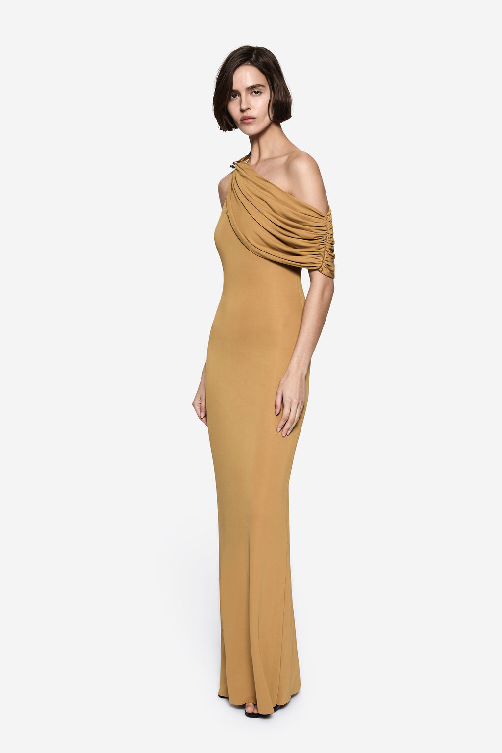 Mustard gold jersey maxi dress with twisted drape across one shoulder