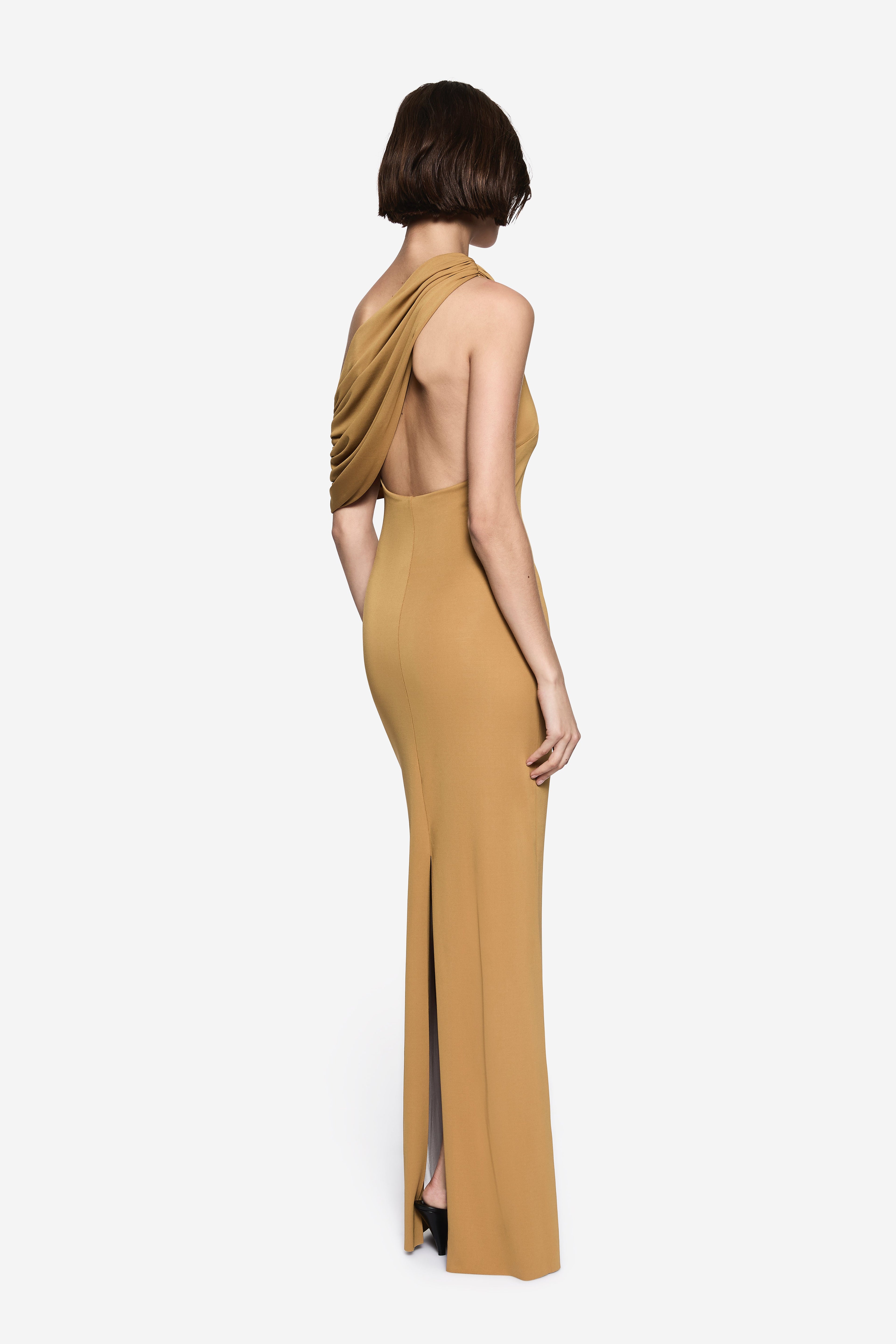 Mustard gold jersey one-shoulder maxi dress with open back and draped overlay