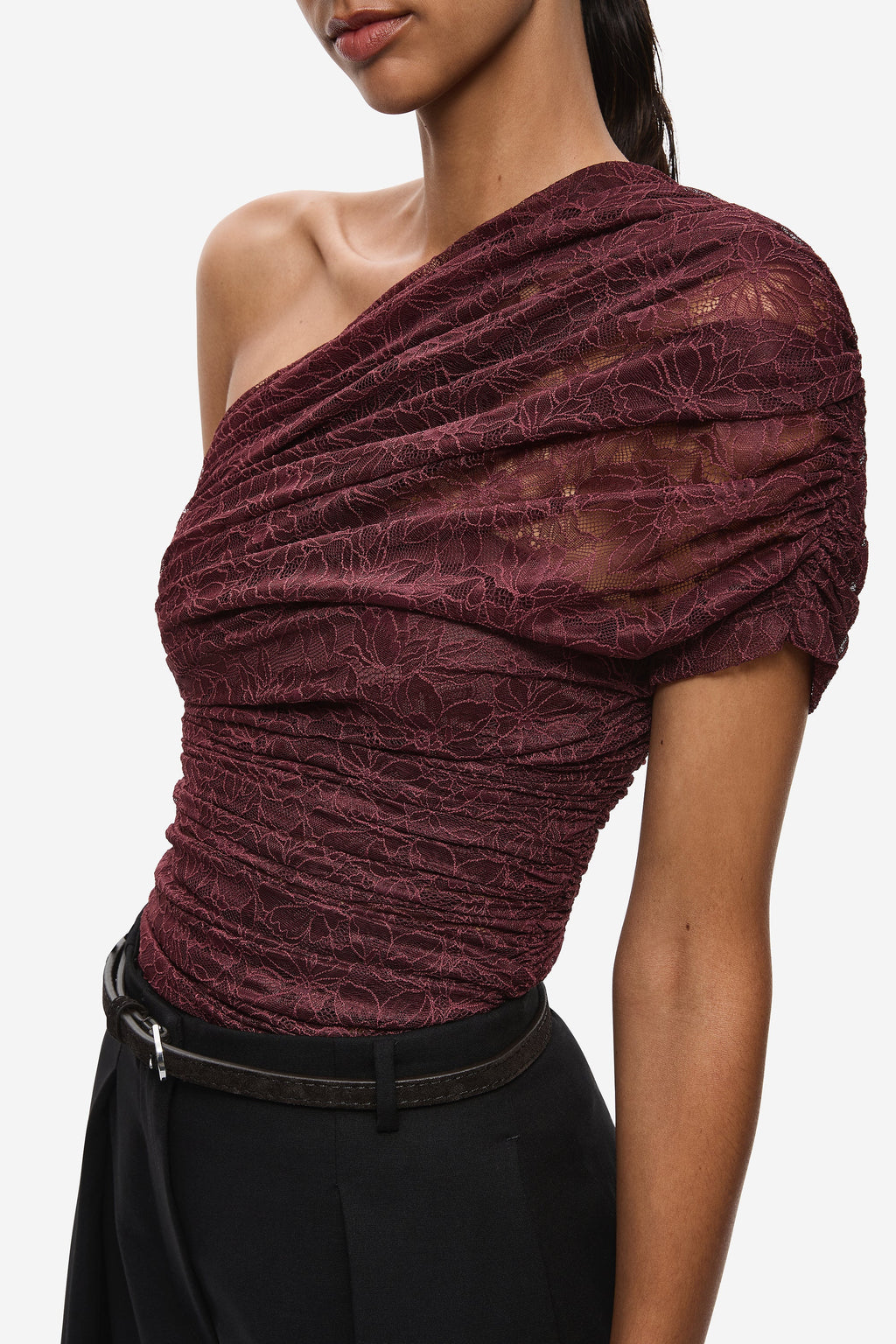 Currant maroon lace one-shoulder top with textured drape and ruching