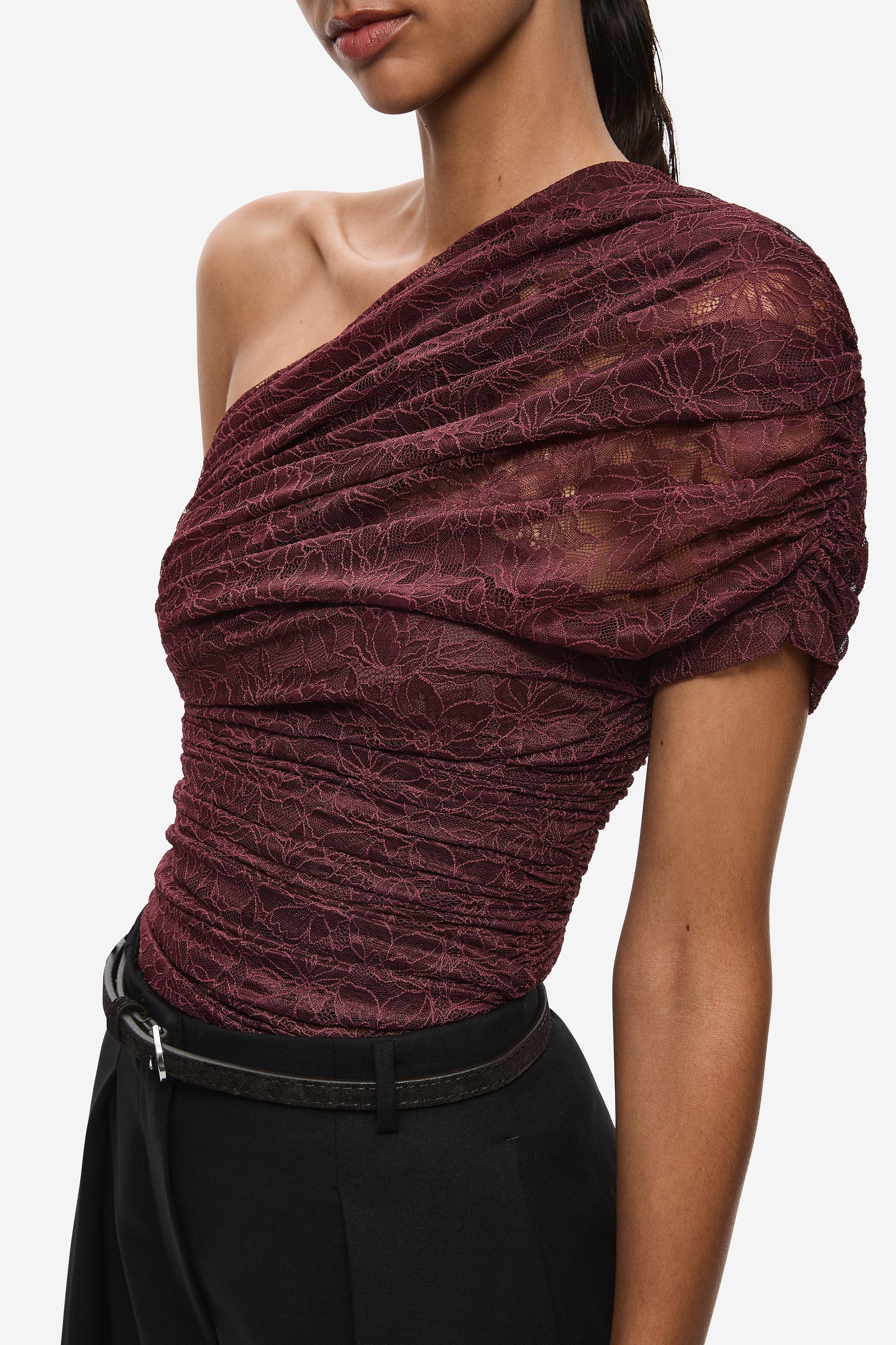 Currant maroon lace one-shoulder top with textured drape and ruching