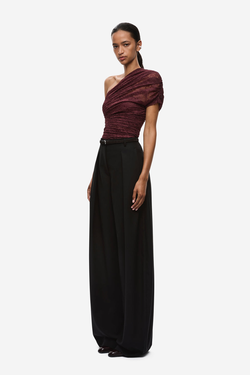 Currant maroon one-shoulder lace top with ruched texture