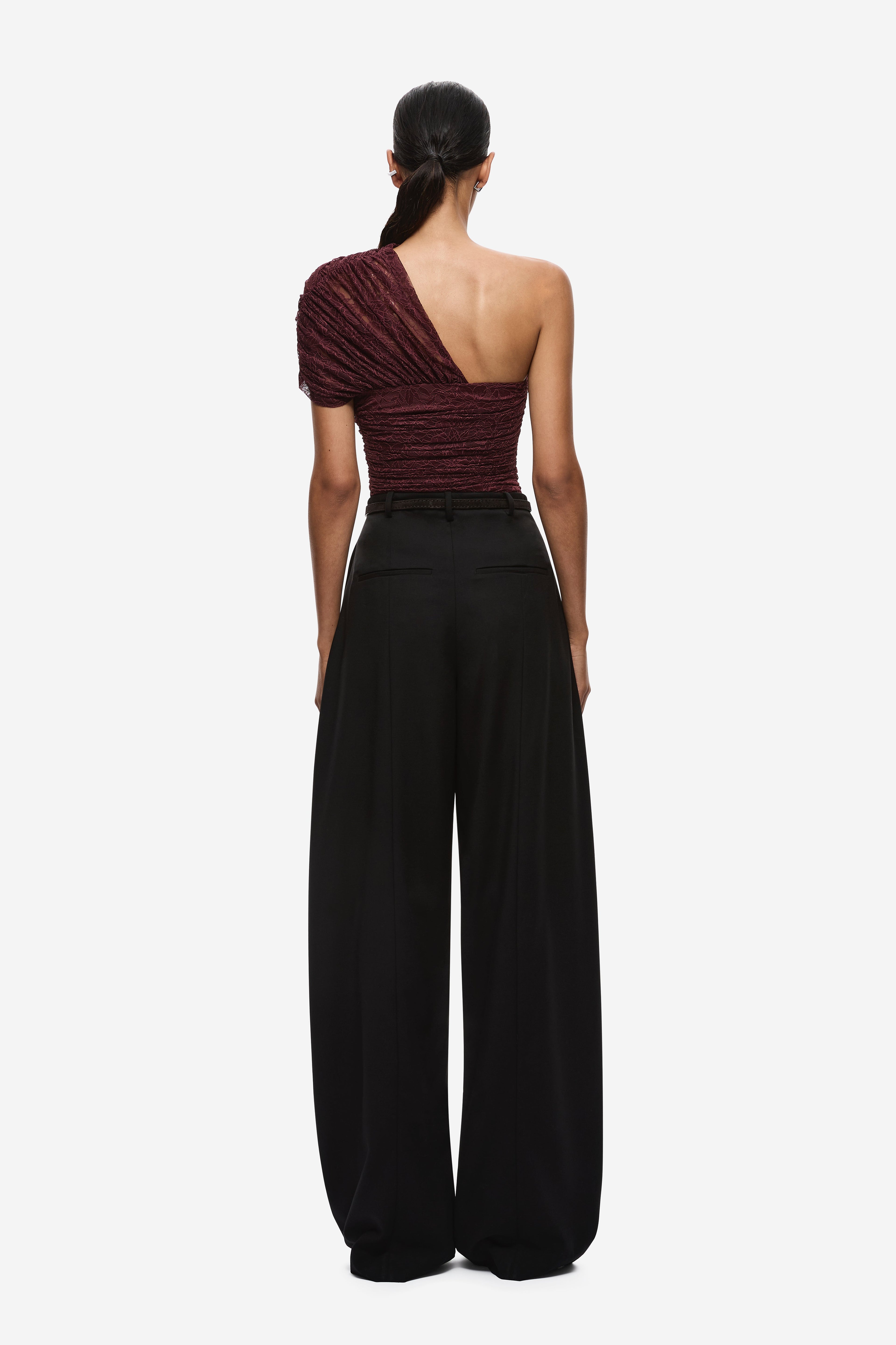 Currant maroon lace one-shoulder top with open back and ruched sleeves