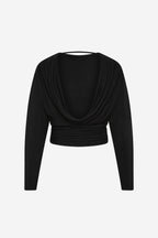 Black jersey top with draped cowl neckline and ruched waist