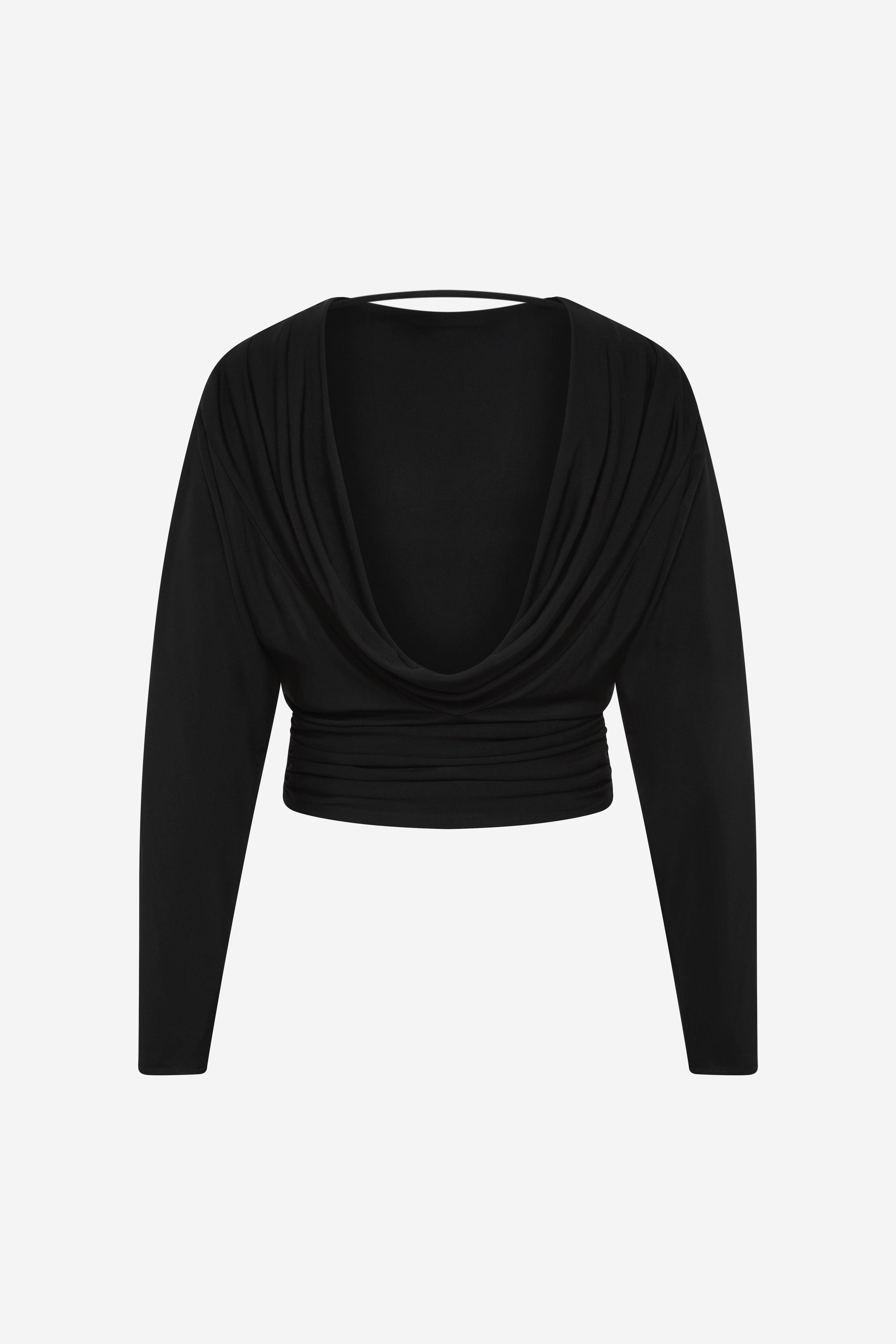 Black jersey top with draped cowl neckline and ruched waist