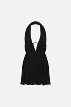 Black jersey mini dress with halter V-neck and gathered pleated skirt