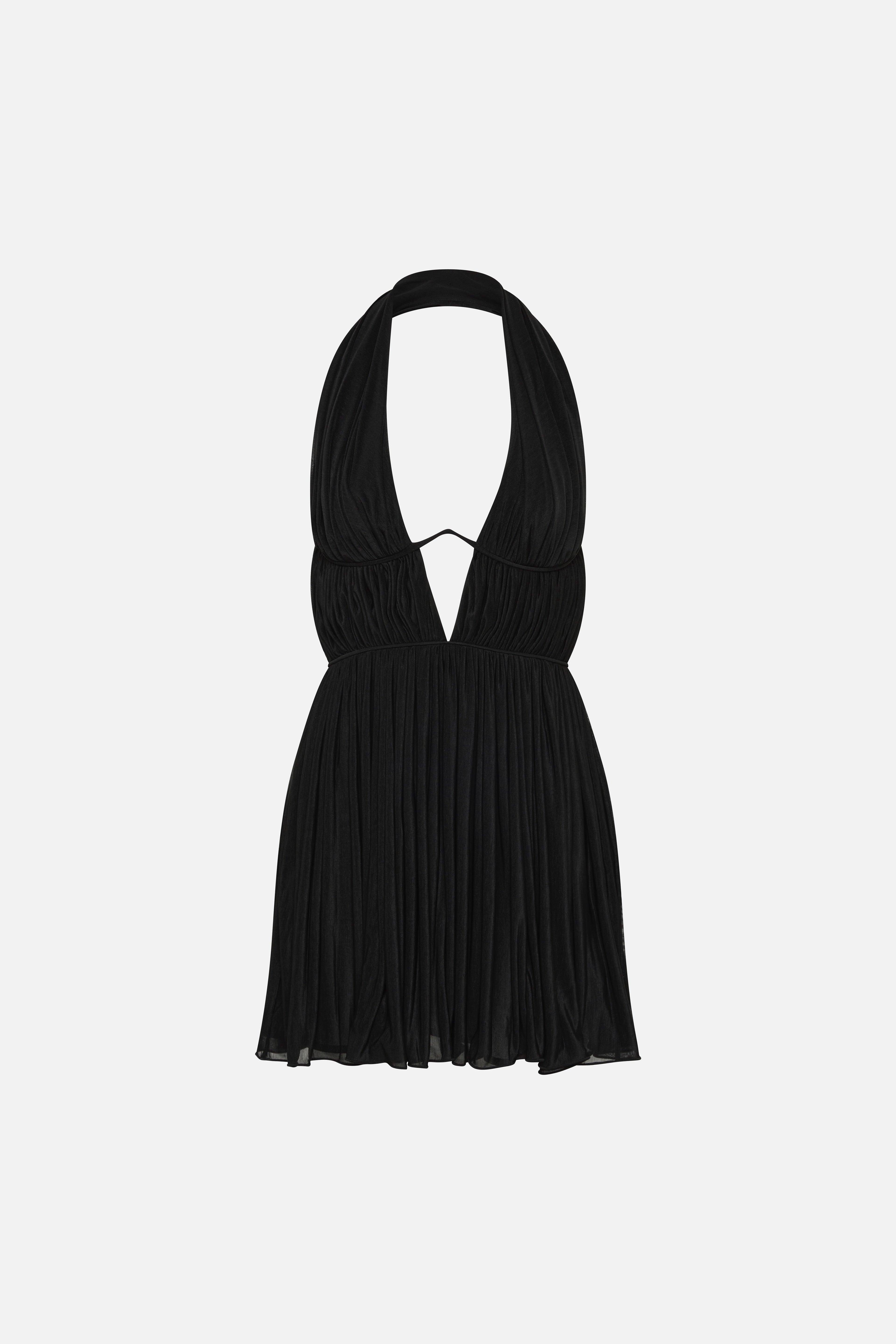 Black jersey mini dress with halter V-neck and gathered pleated skirt
