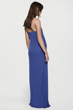 Blue strapless jersey maxi dress, low back and draped skirt.