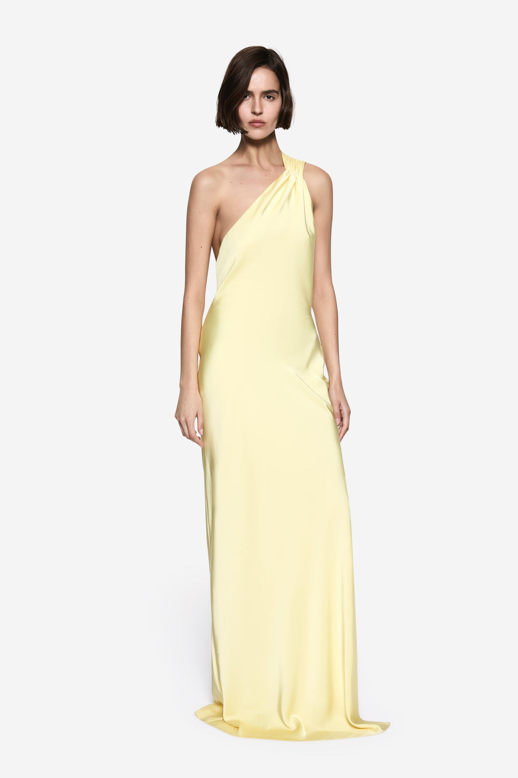 Lemon satin halter maxi dress with asymmetrical neckline and side drape, slim column silhouette