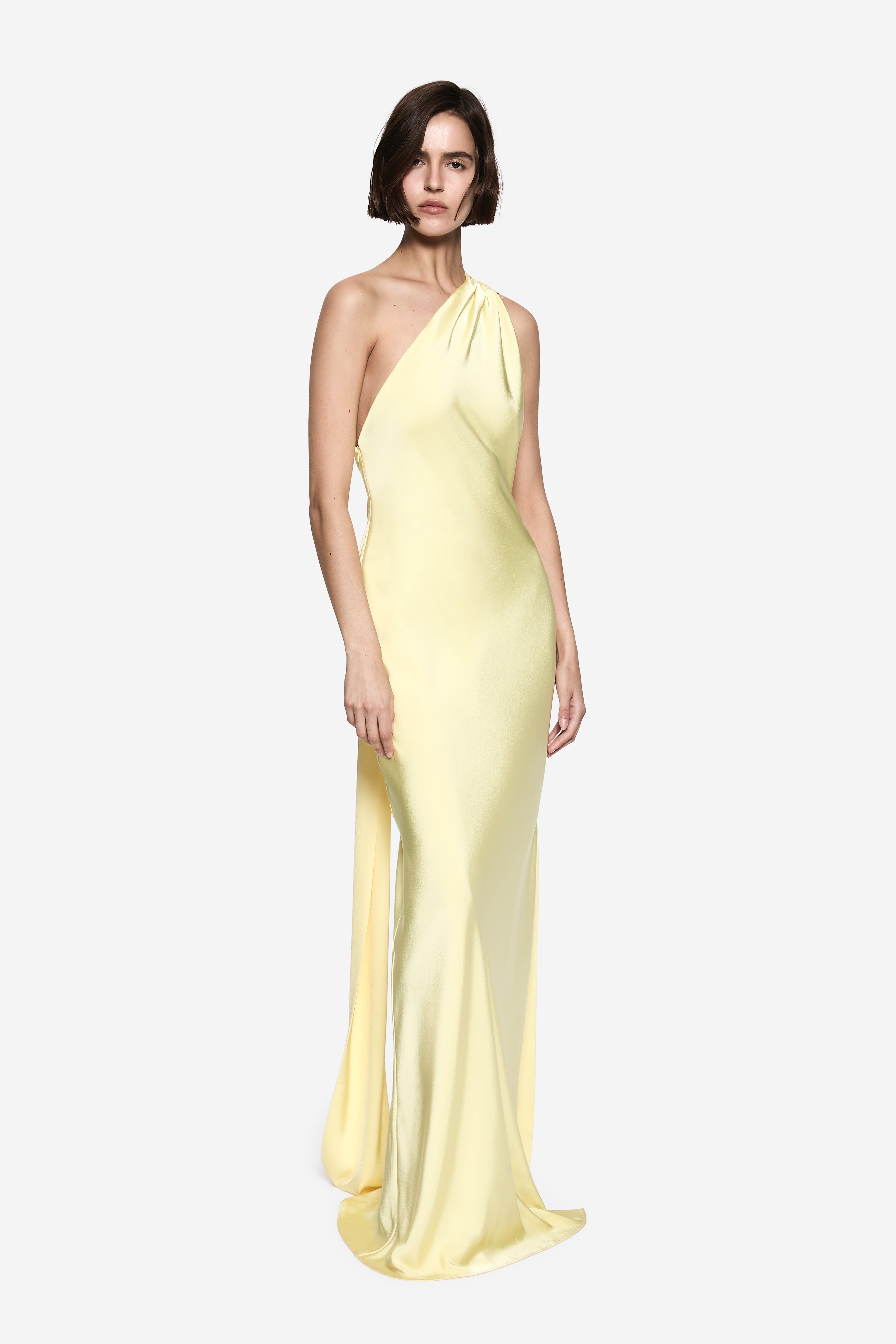 Lemon satin halter dress with draped neckline and one-shoulder strap, long column fit