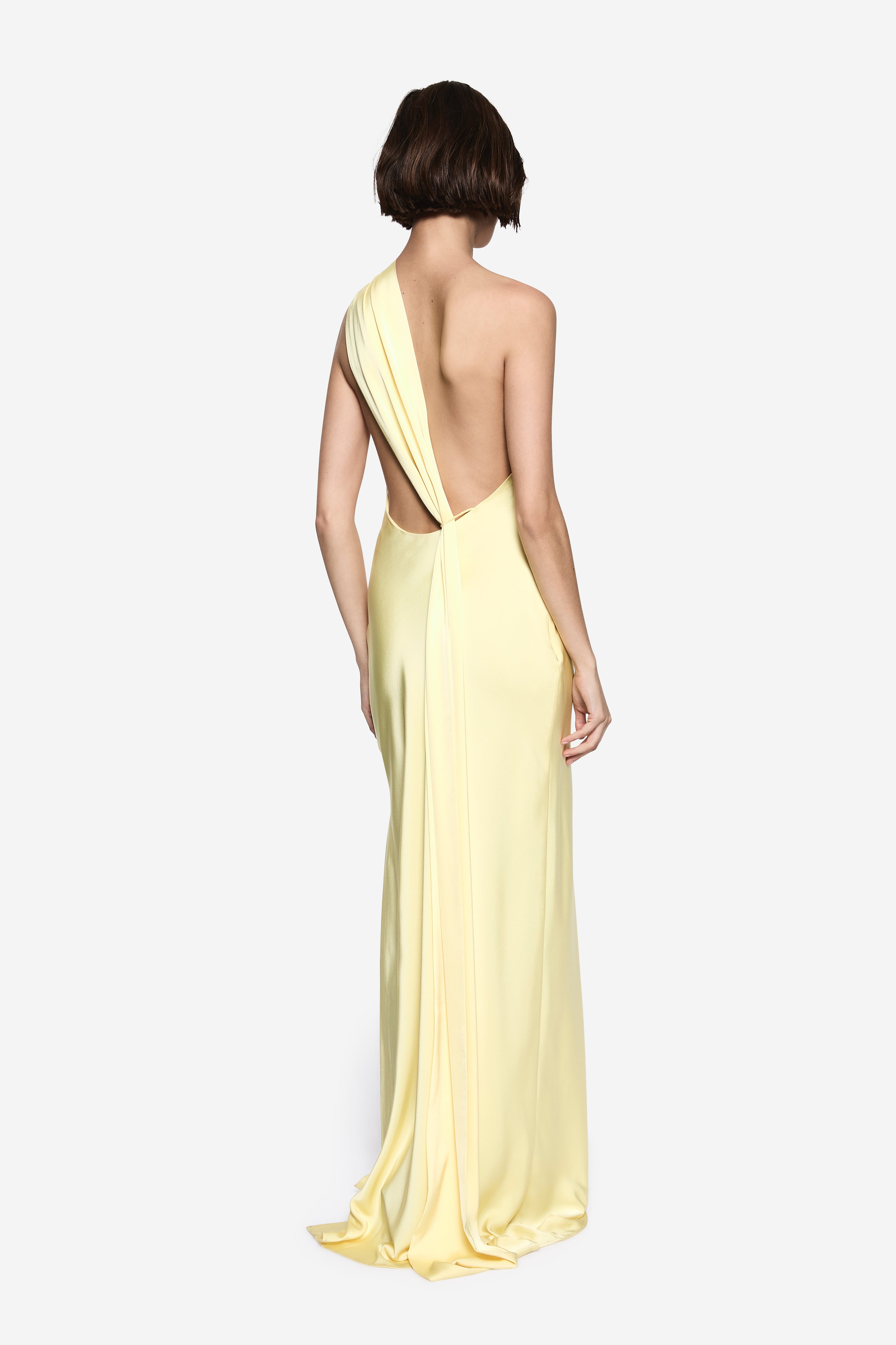 Lemon satin halter maxi dress, open back with crisscross straps and draped floor length skirt