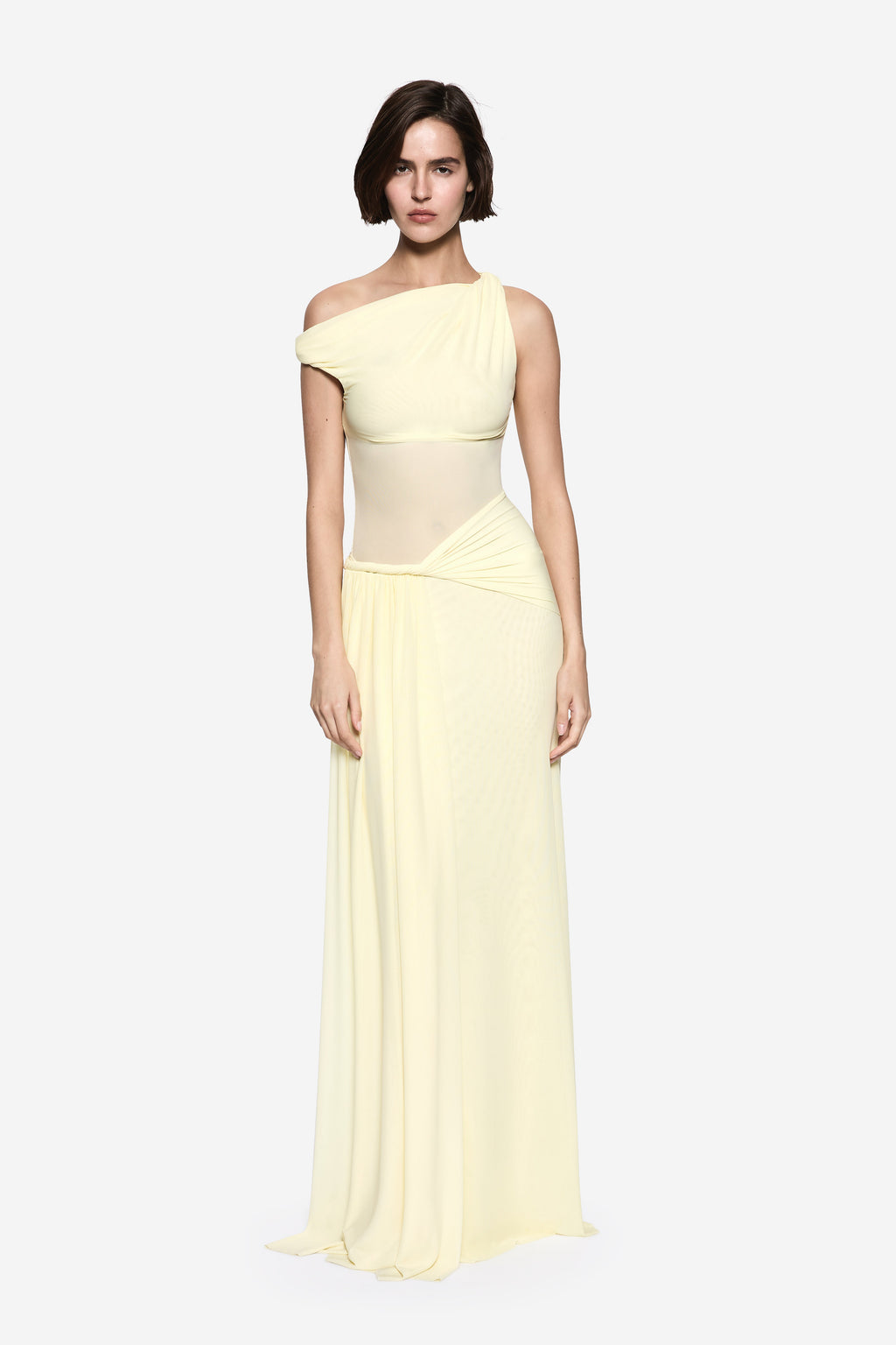 Lemon sleeveless maxi dress with draped waist and one-shoulder neckline