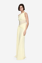 Lemon sleeveless maxi dress with draped waist and fitted bodice