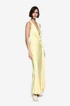 Lemon satin sleeveless maxi dress with deep V front and gathered side detail