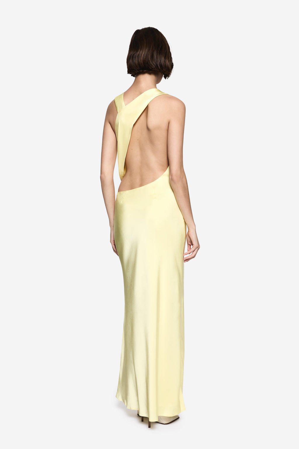 Lemon satin maxi dress with open halter back and low-cut scoop back