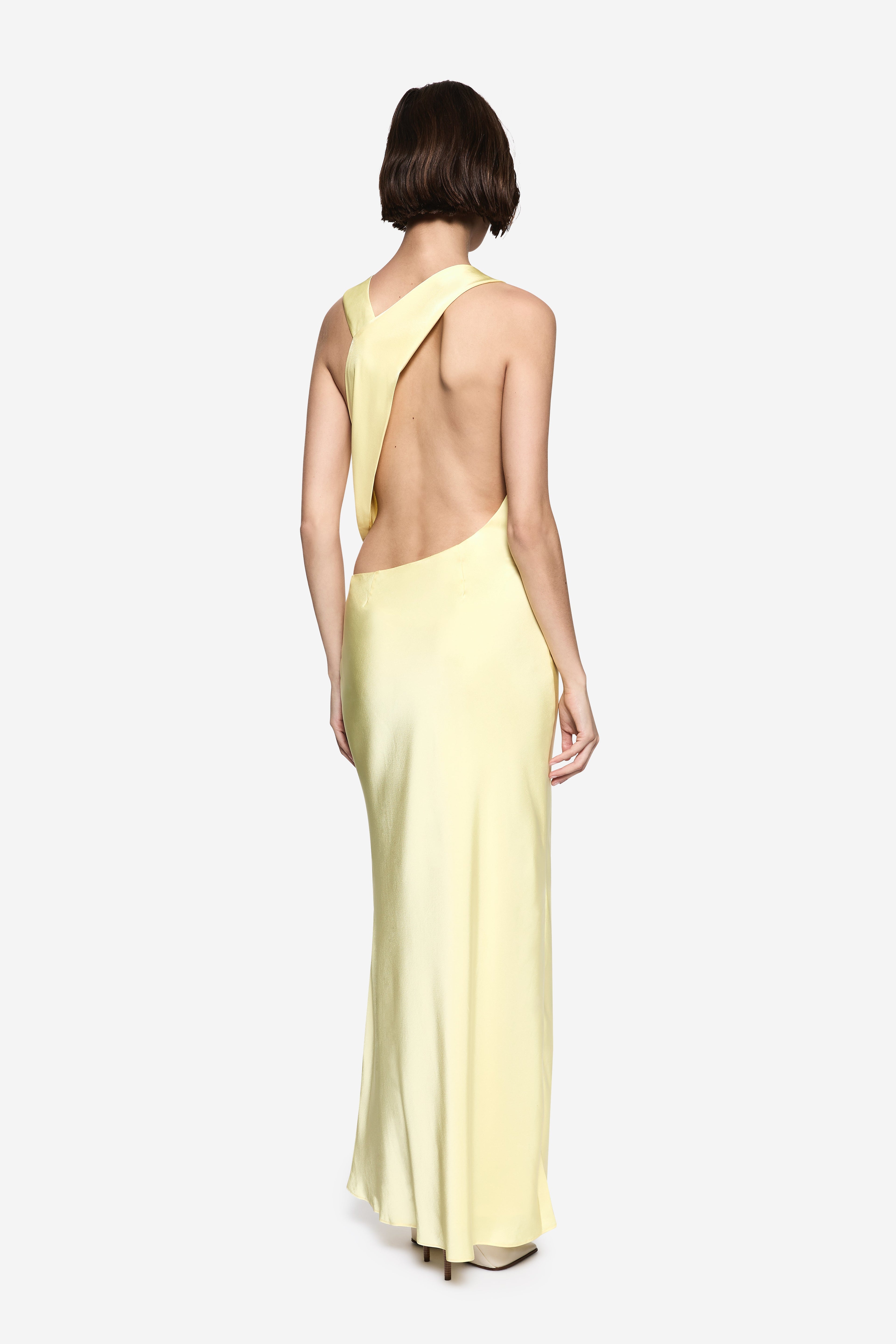 Lemon satin maxi dress with open halter back and low-cut scoop back