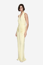 Lemon gathered cupro dress with V halter neckline, ruched bodice, sleeveless maxi