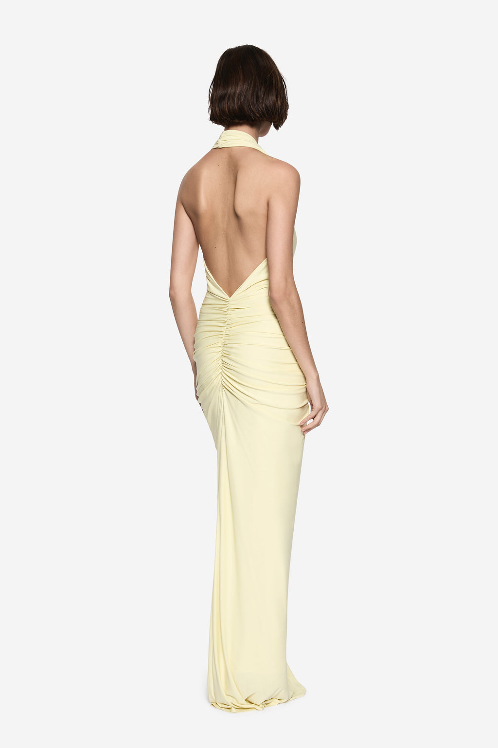Lemon gathered cupro maxi dress with open back, ruched center and gathered sides