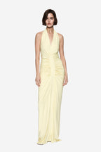 Lemon gathered cupro dress with deep V neckline and ruched waist, sleeveless maxi