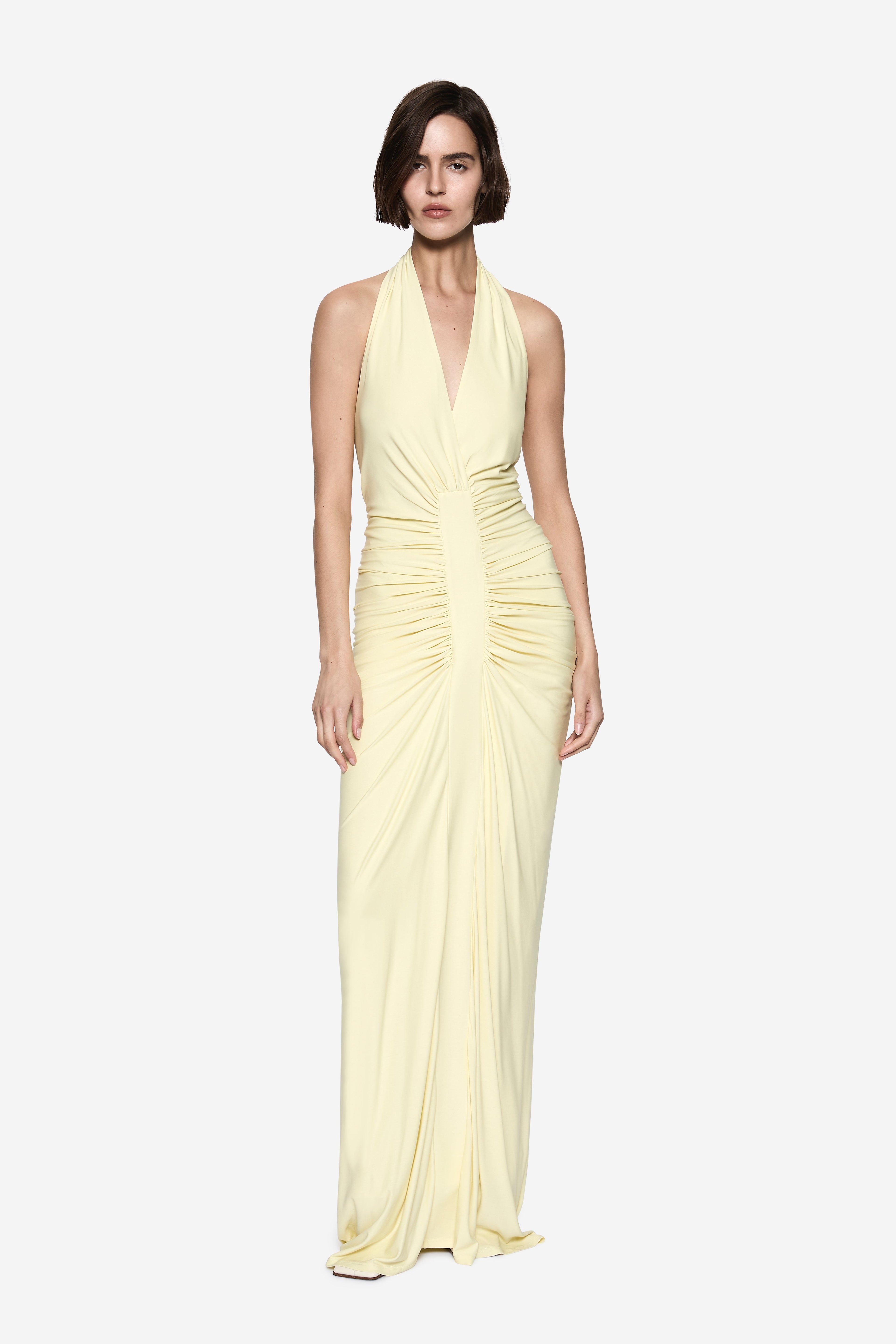 Lemon gathered cupro dress with deep V neckline and ruched waist, sleeveless maxi