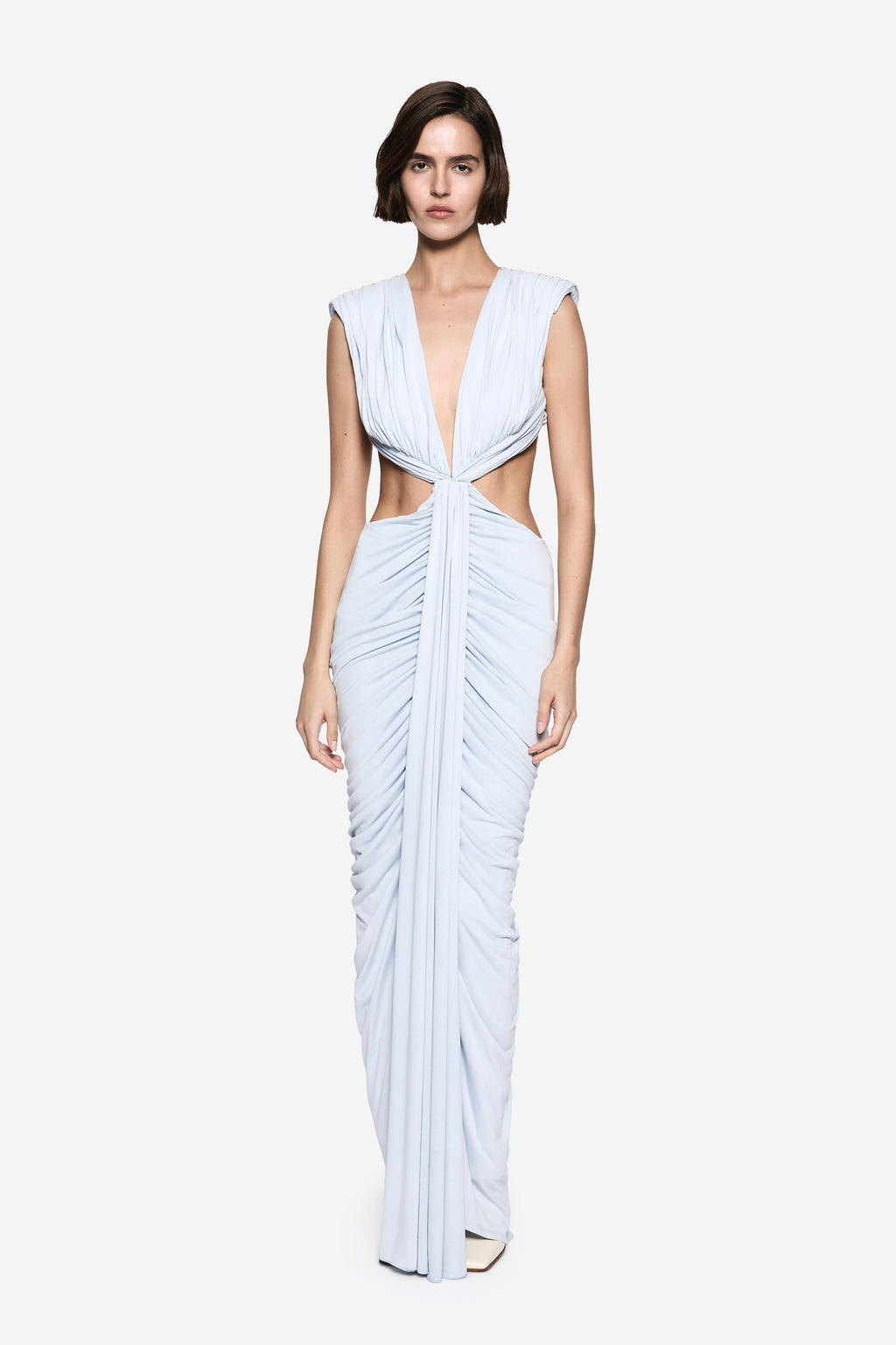 Sky blue sleeveless V-neck ruched maxi dress with front tie detail