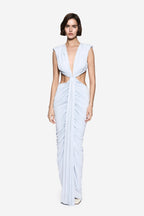 Sky blue sleeveless V-neck ruched maxi dress with front tie detail