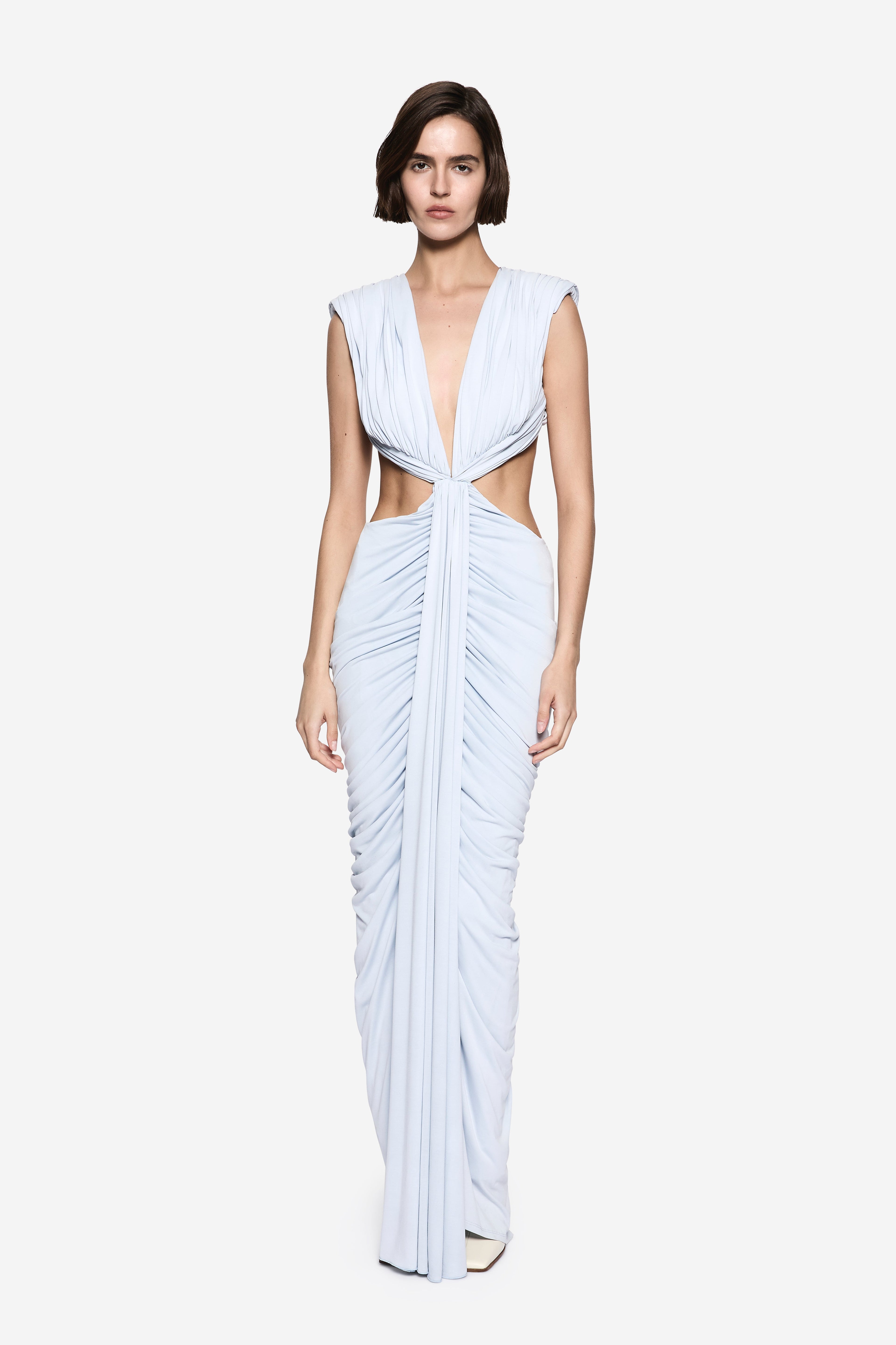 Sky blue sleeveless V-neck ruched maxi dress with front tie detail