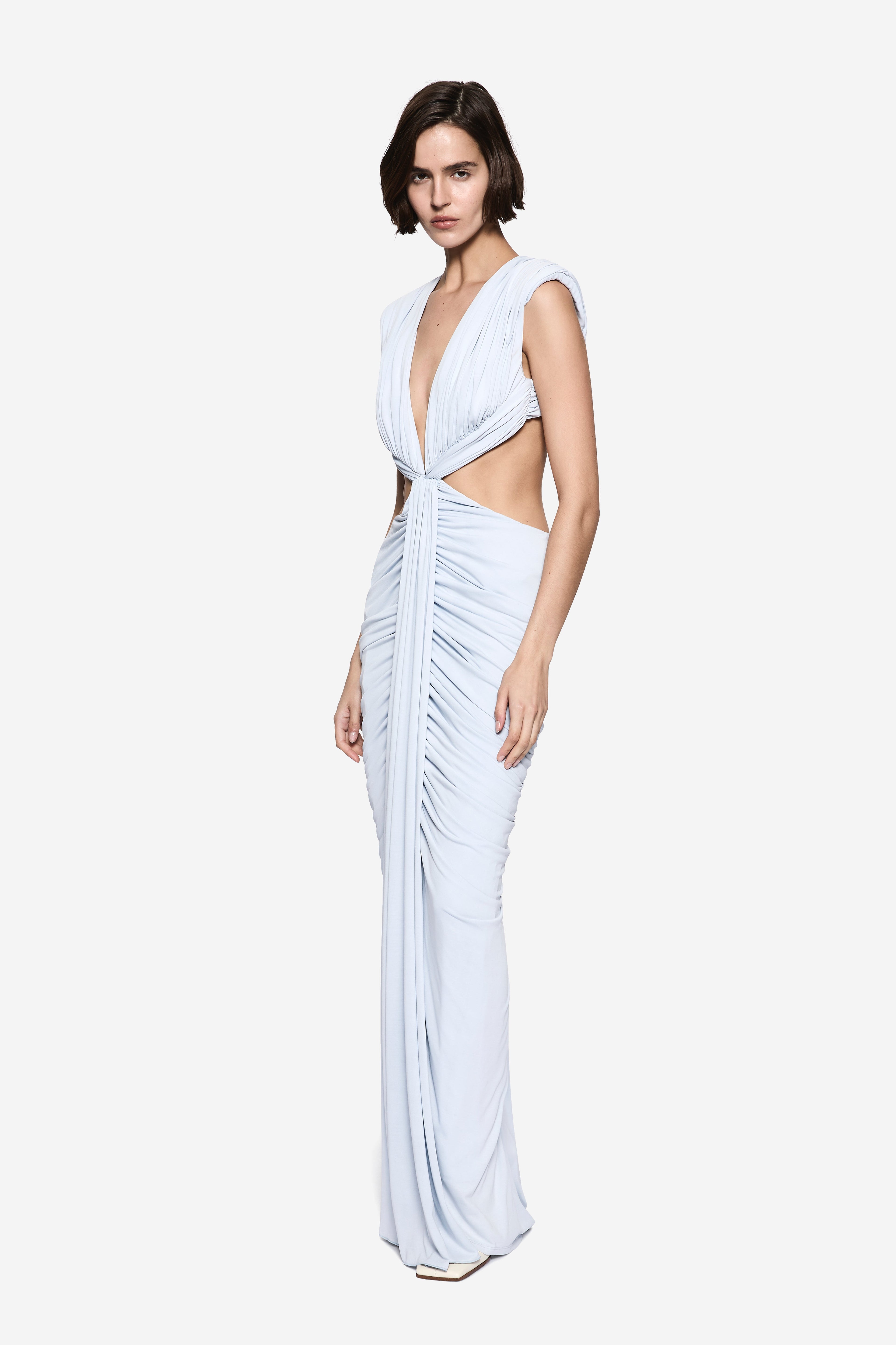 Sky blue sleeveless maxi dress with deep V neckline and ruched twist bodice