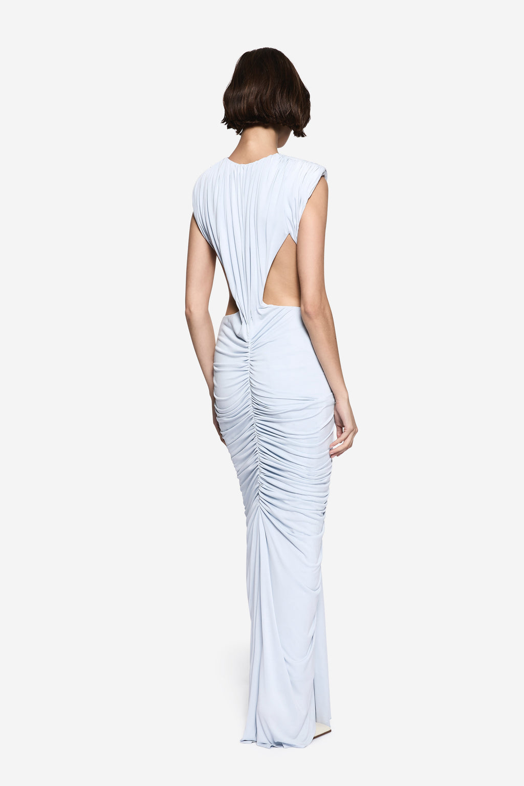 Sky blue sleeveless ruched maxi dress with open back and V-neck front