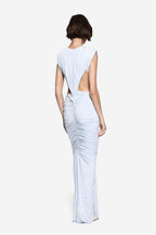 Sky blue sleeveless ruched maxi dress with open back and V-neck front