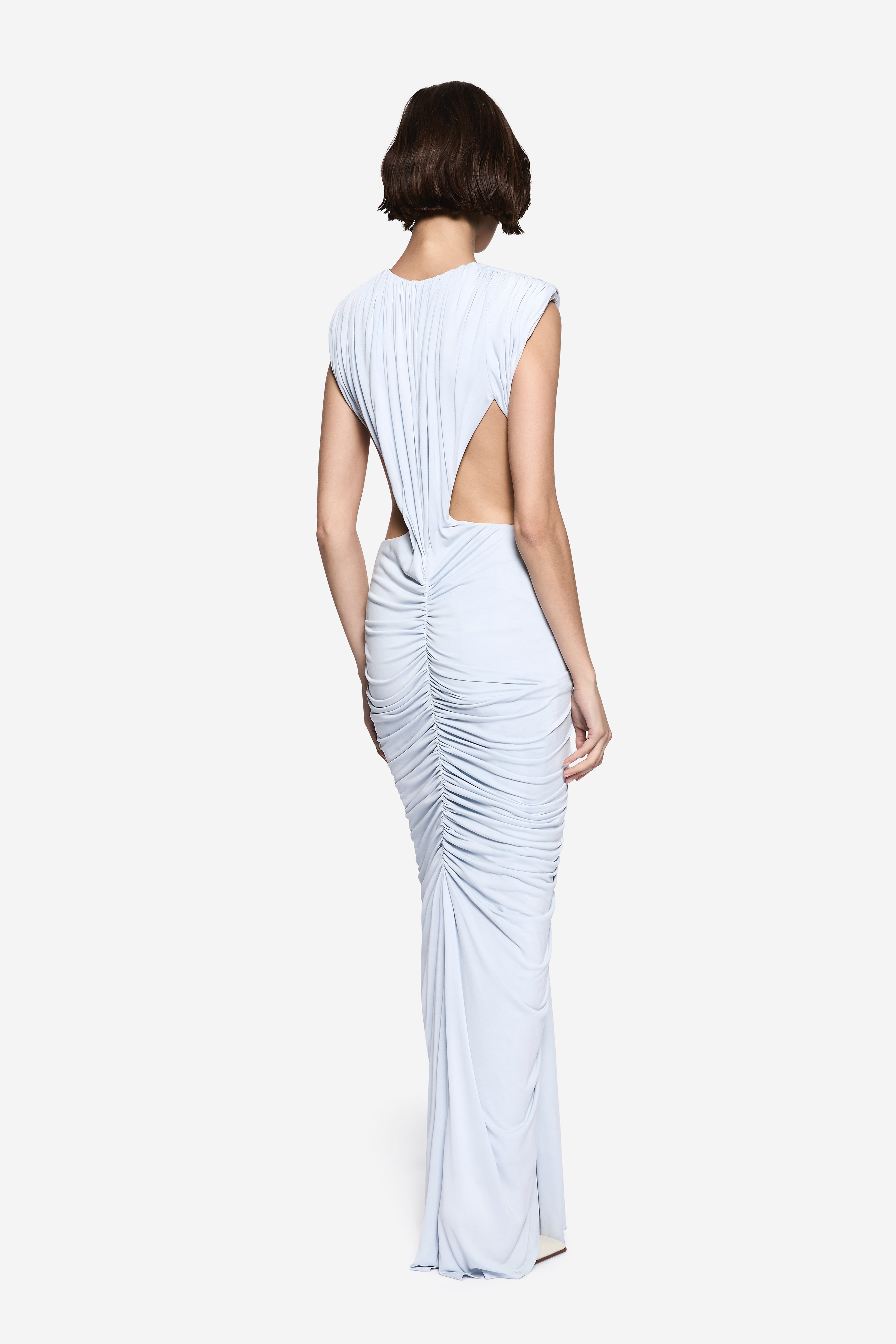 Sky blue sleeveless ruched maxi dress with open back and V-neck front