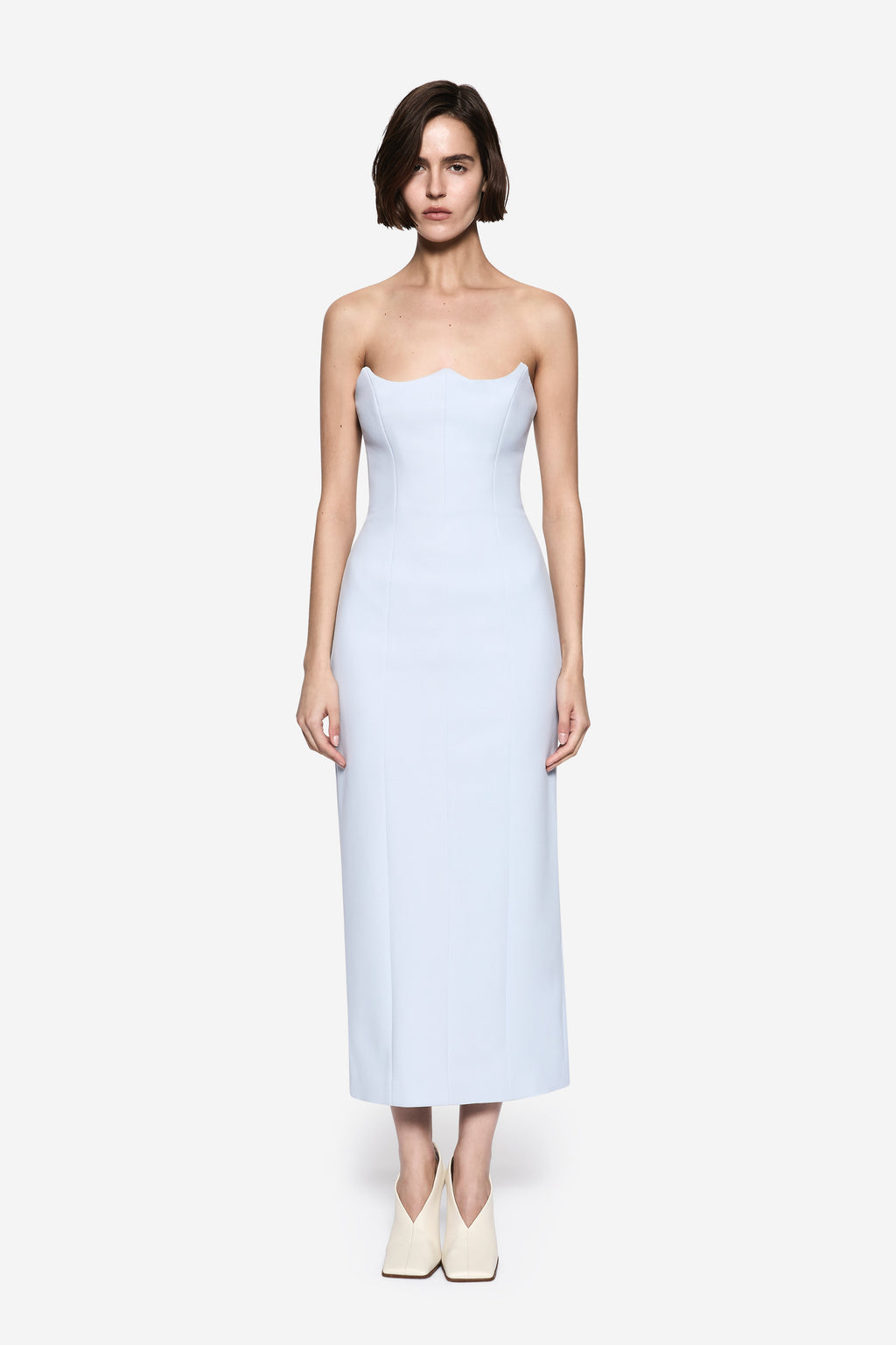 Light blue crepe midi dress with spaghetti straps and straight column fit