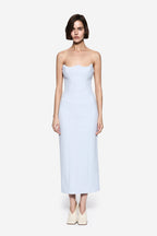 Light blue crepe midi dress with spaghetti straps and straight column fit