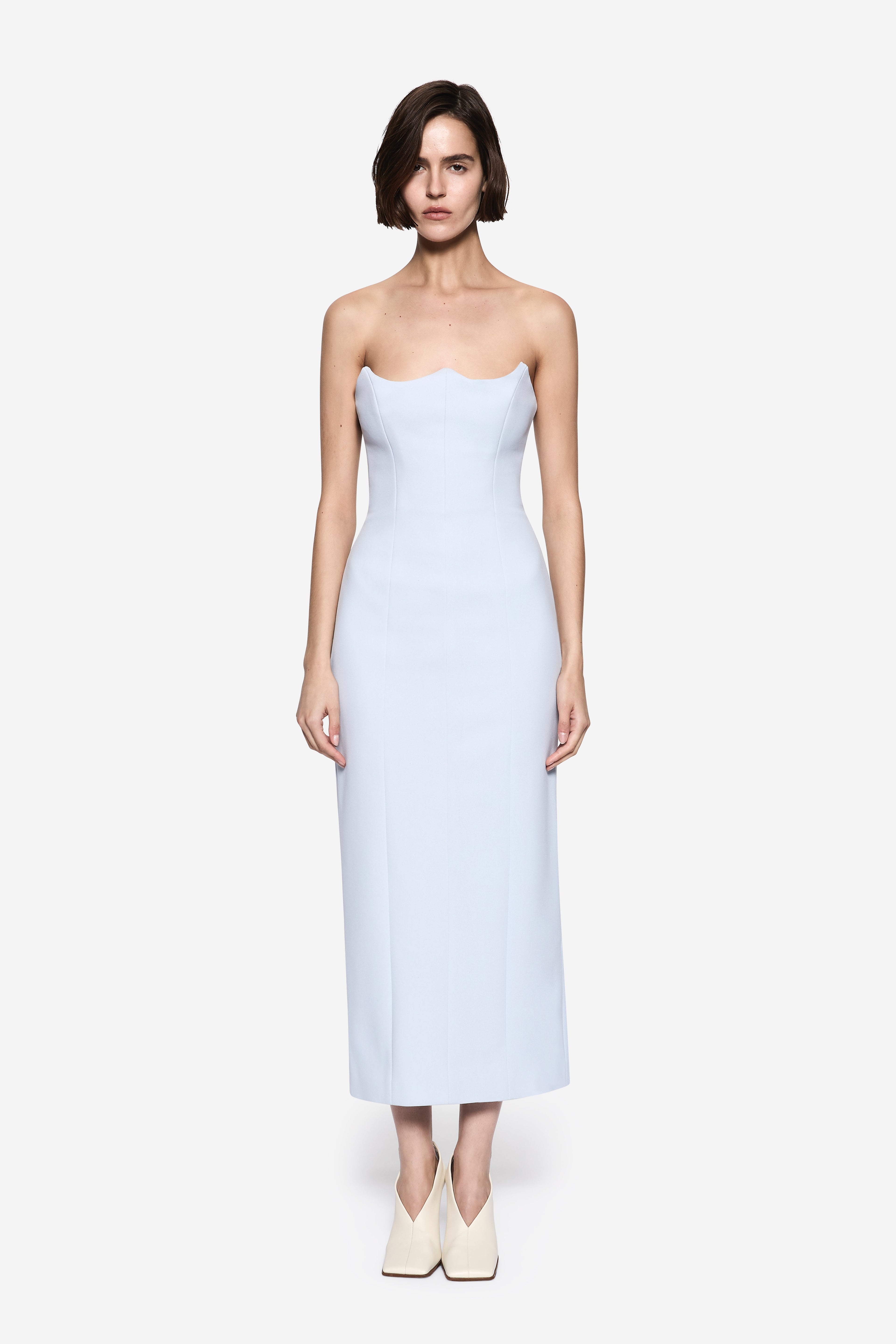 Light blue crepe midi dress with spaghetti straps and straight column fit
