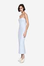 Sky blue crepe midi dress with thin straps and fitted straight silhouette