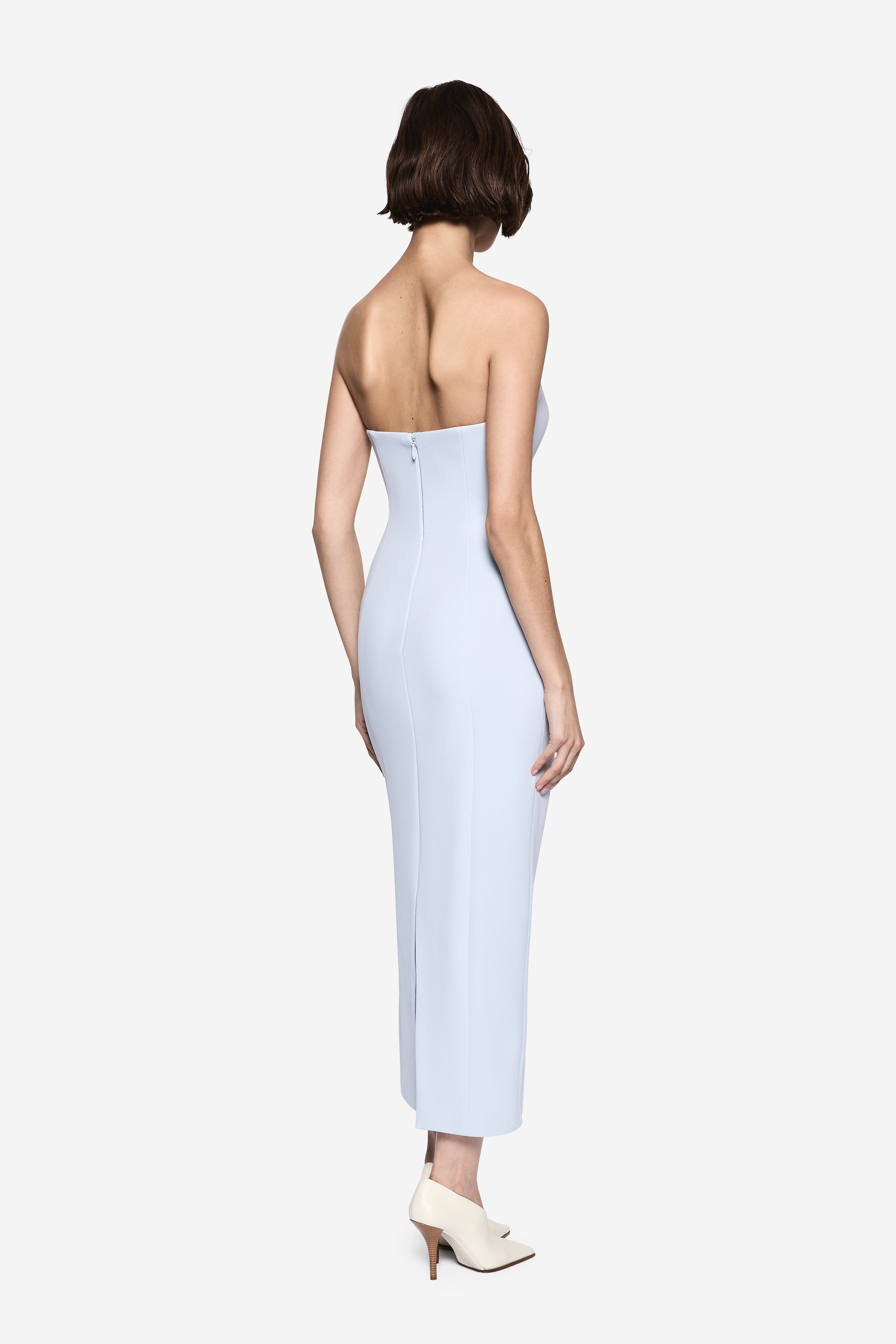 Light blue crepe midi dress with low open back and thin shoulder straps