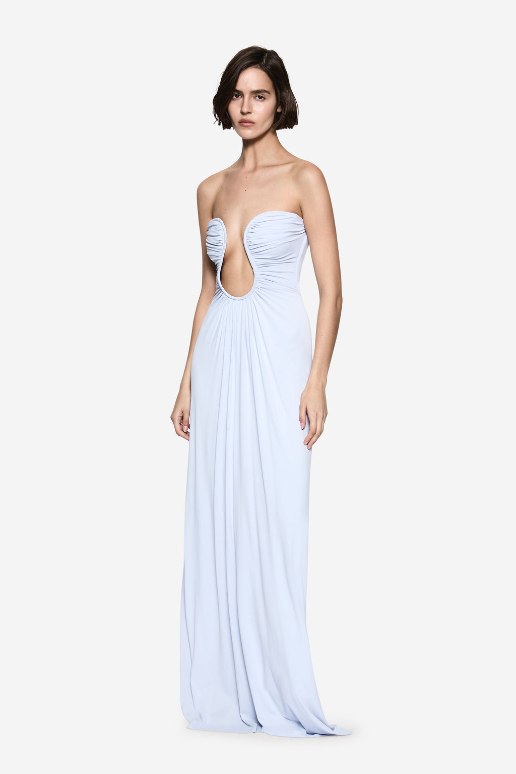 Light blue strapless maxi jersey dress with ruched sweetheart bodice and draped skirt