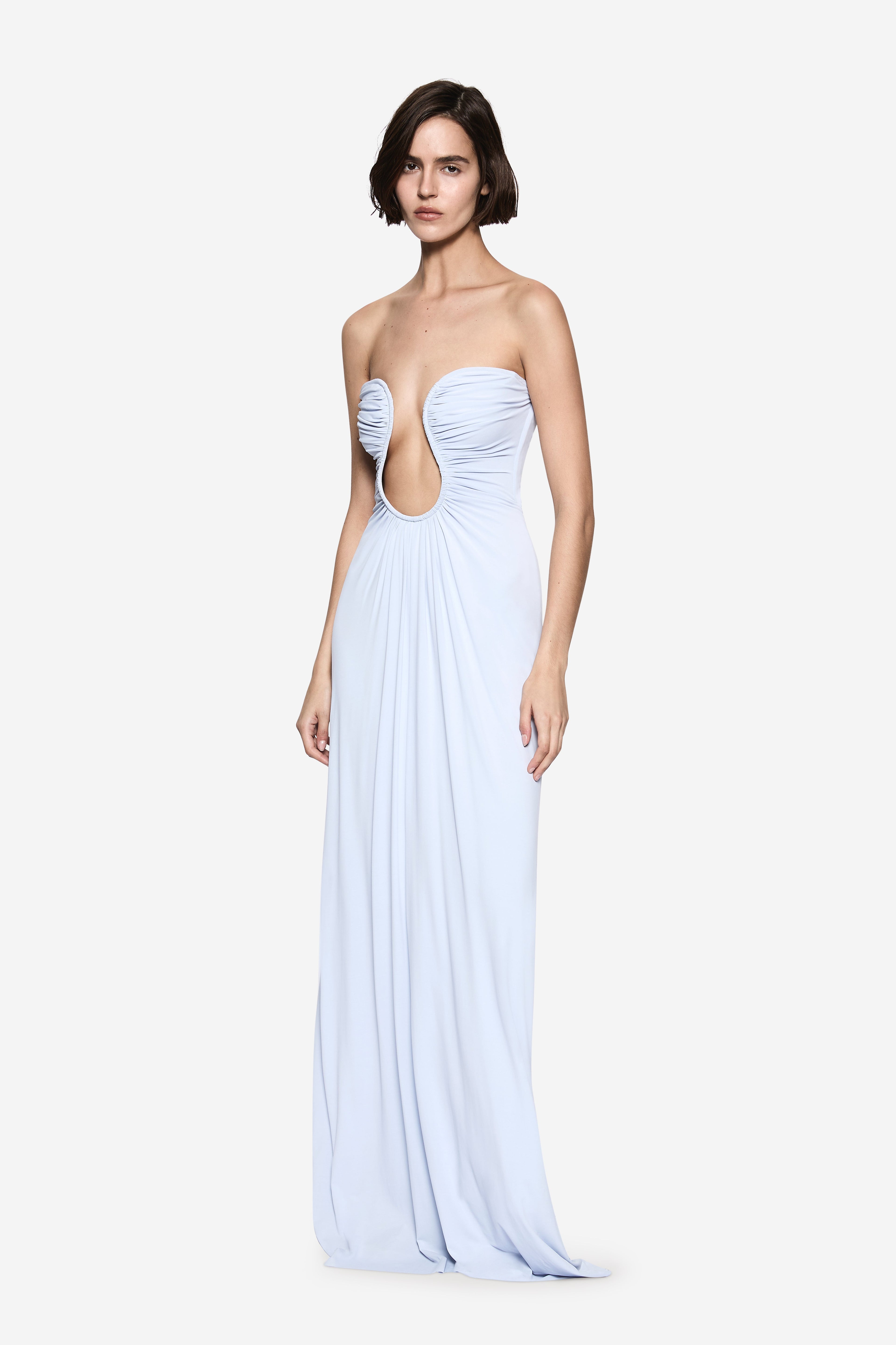 Light blue strapless maxi jersey dress with ruched sweetheart bodice and draped skirt