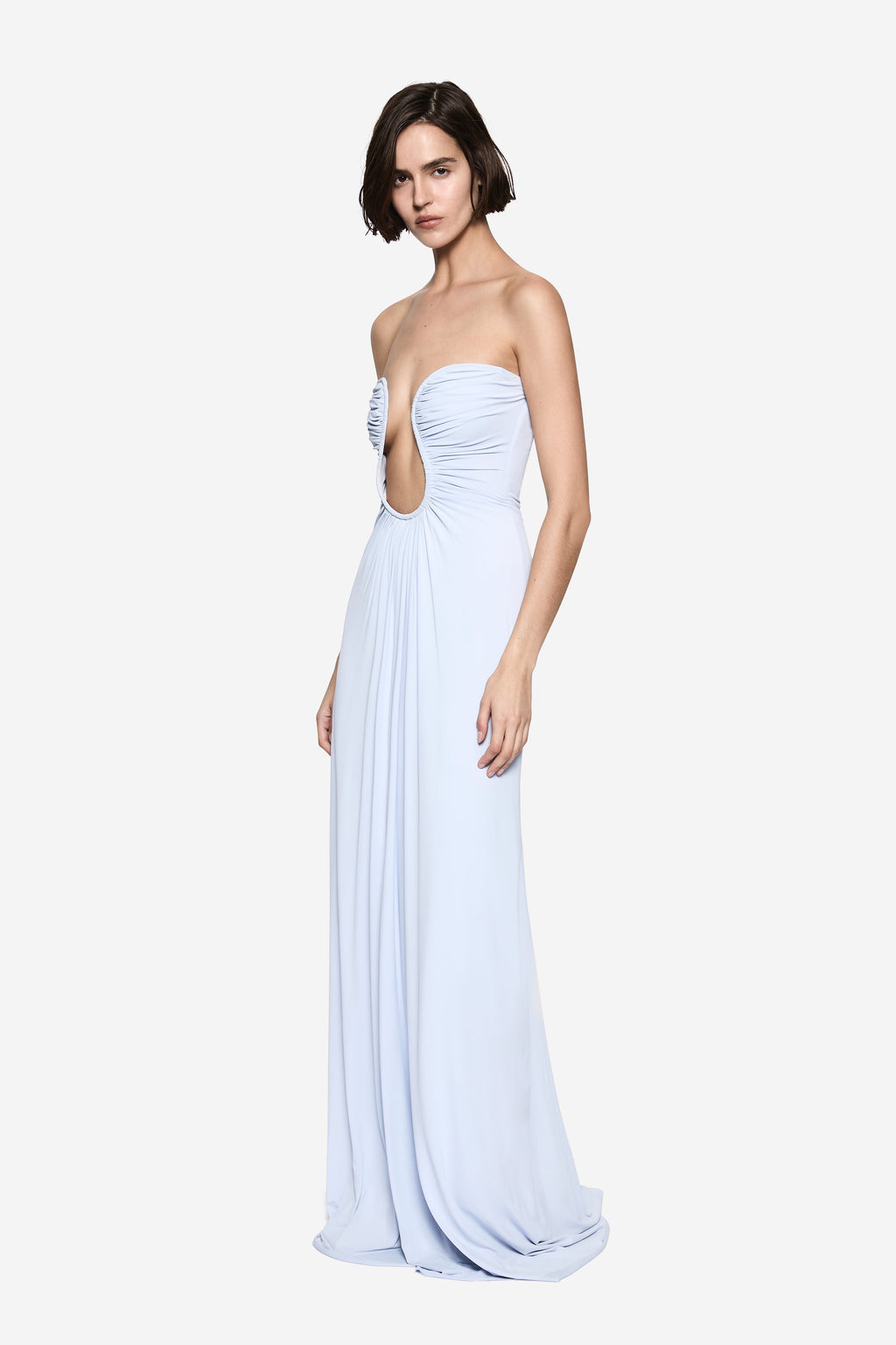 Light blue strapless maxi jersey dress with gathered bust and pleated, flowing skirt
