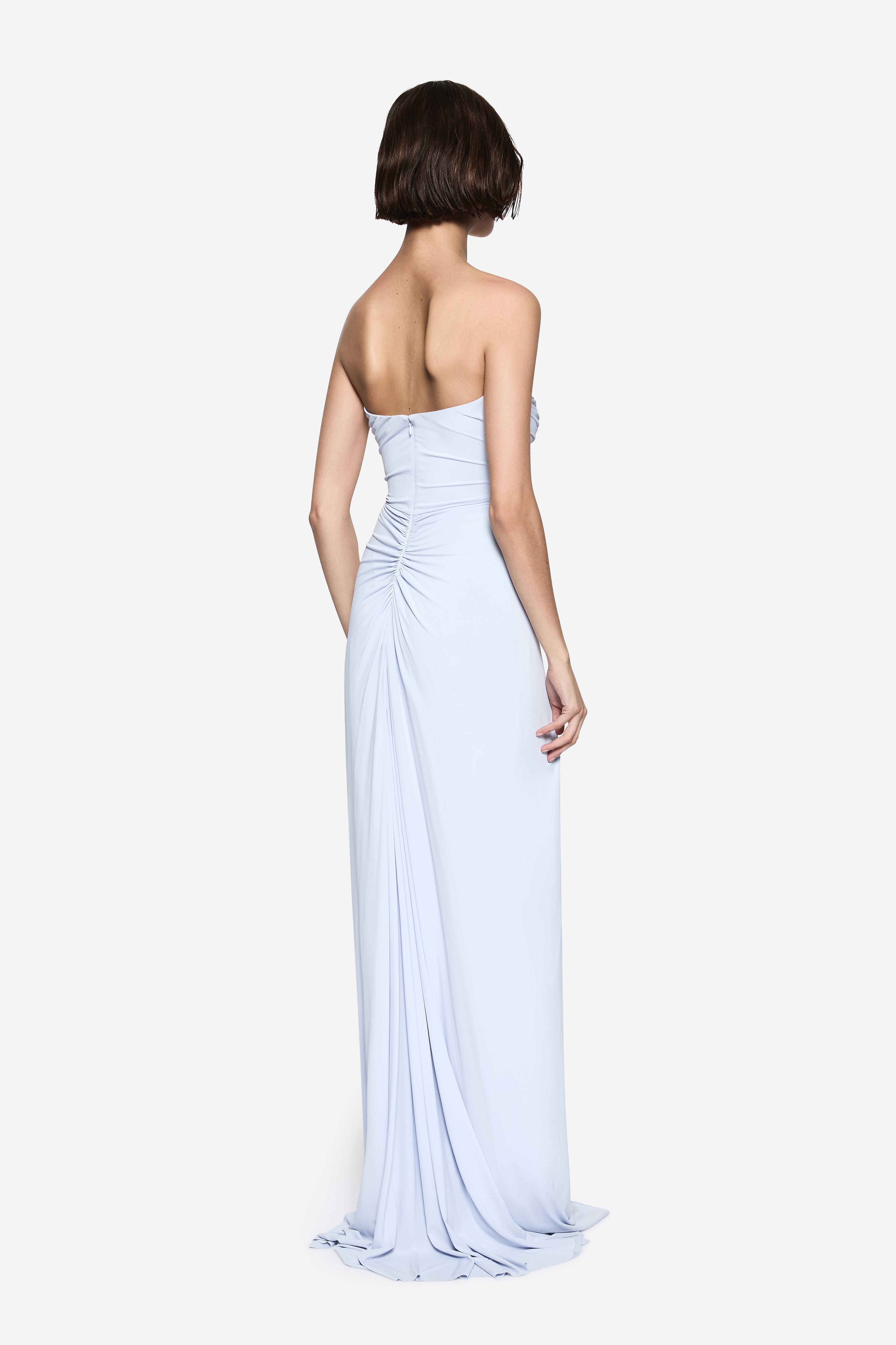 Light blue backless maxi jersey dress with draped waist ruching and strapless neckline