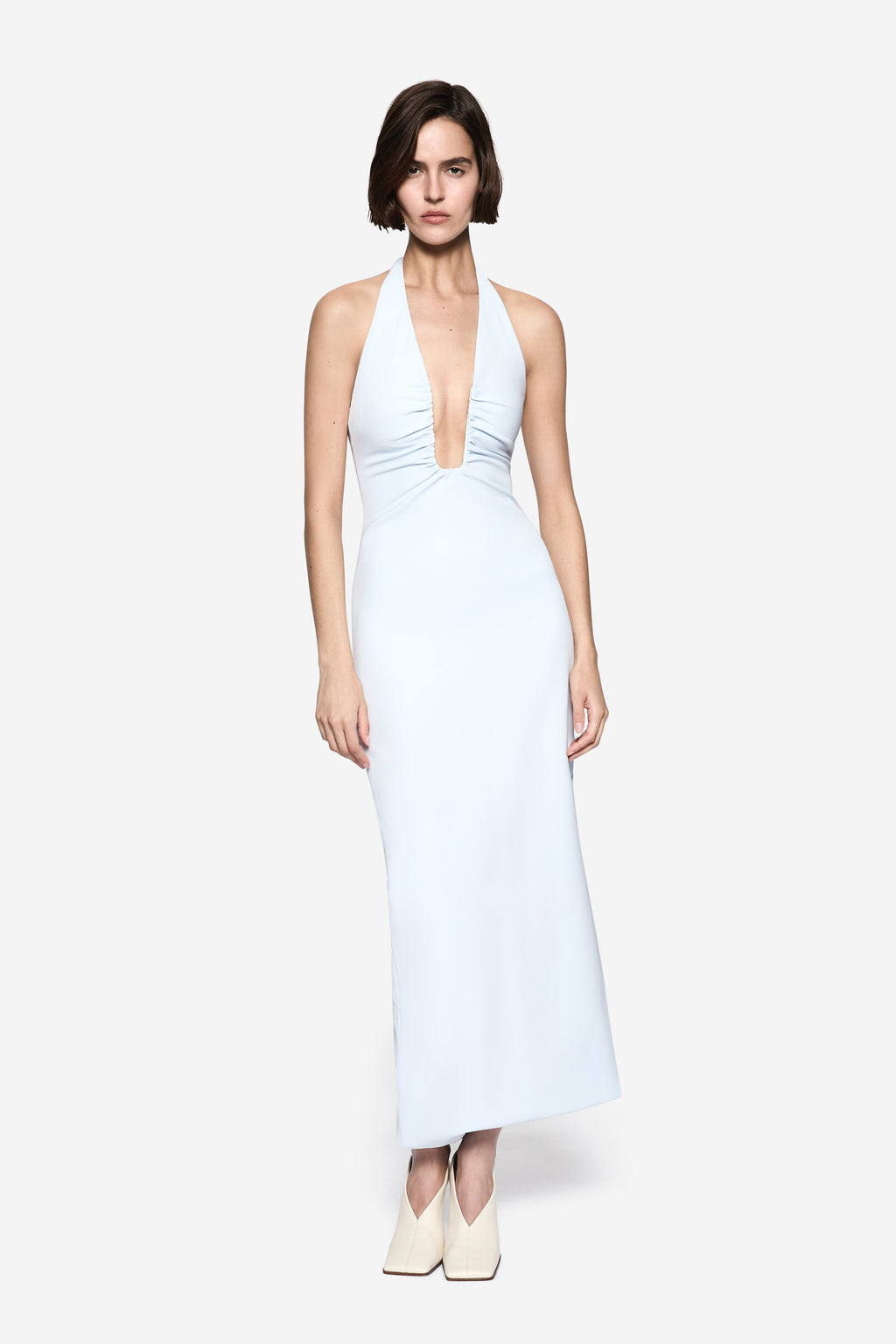 THE LUSI crepe dress in light blue, sleeveless V-neck maxi with open back